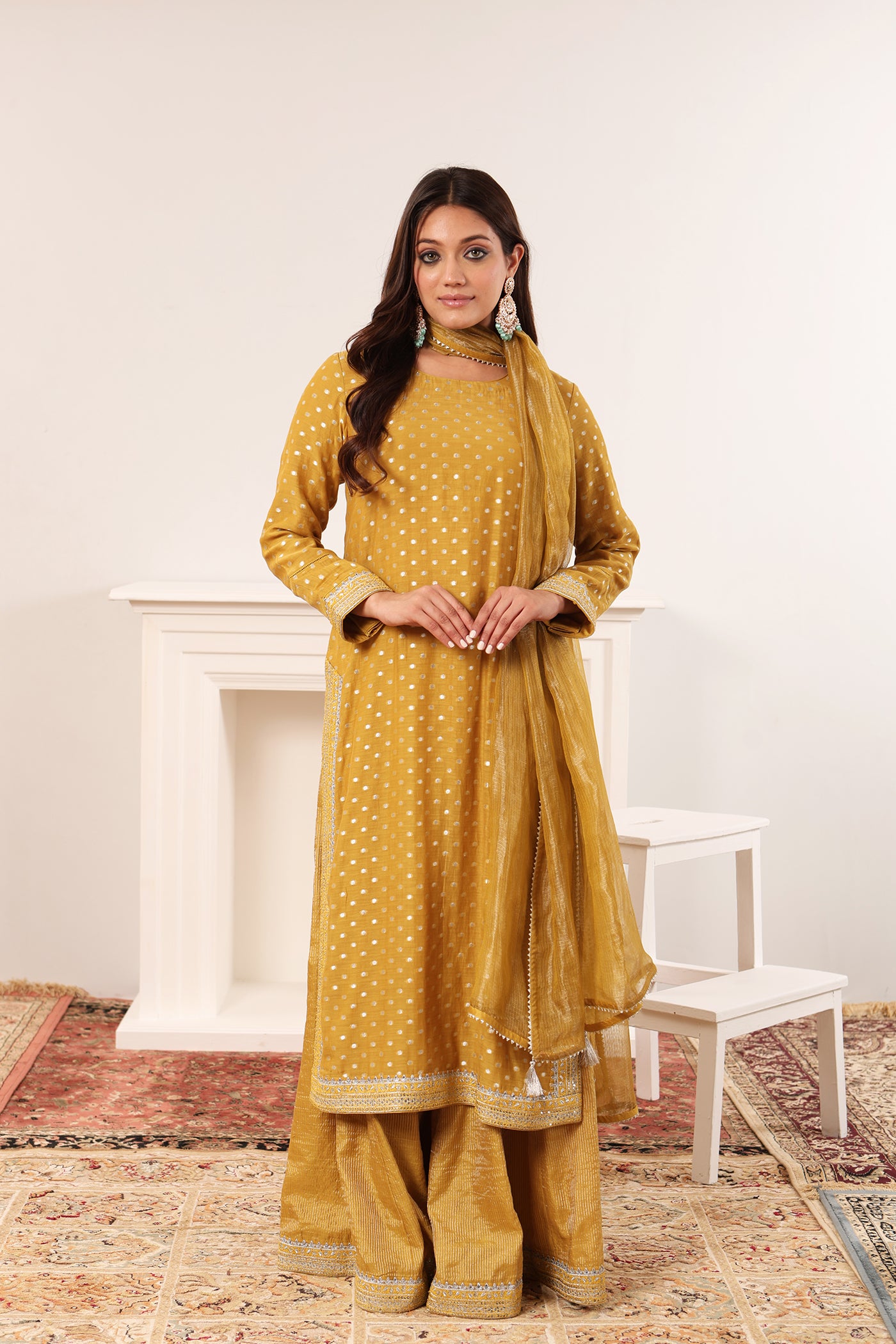 Dusty-Mustard Embroidered Pure Silk-Cotton With Woven Polka Dots Kurta-Sharara Set