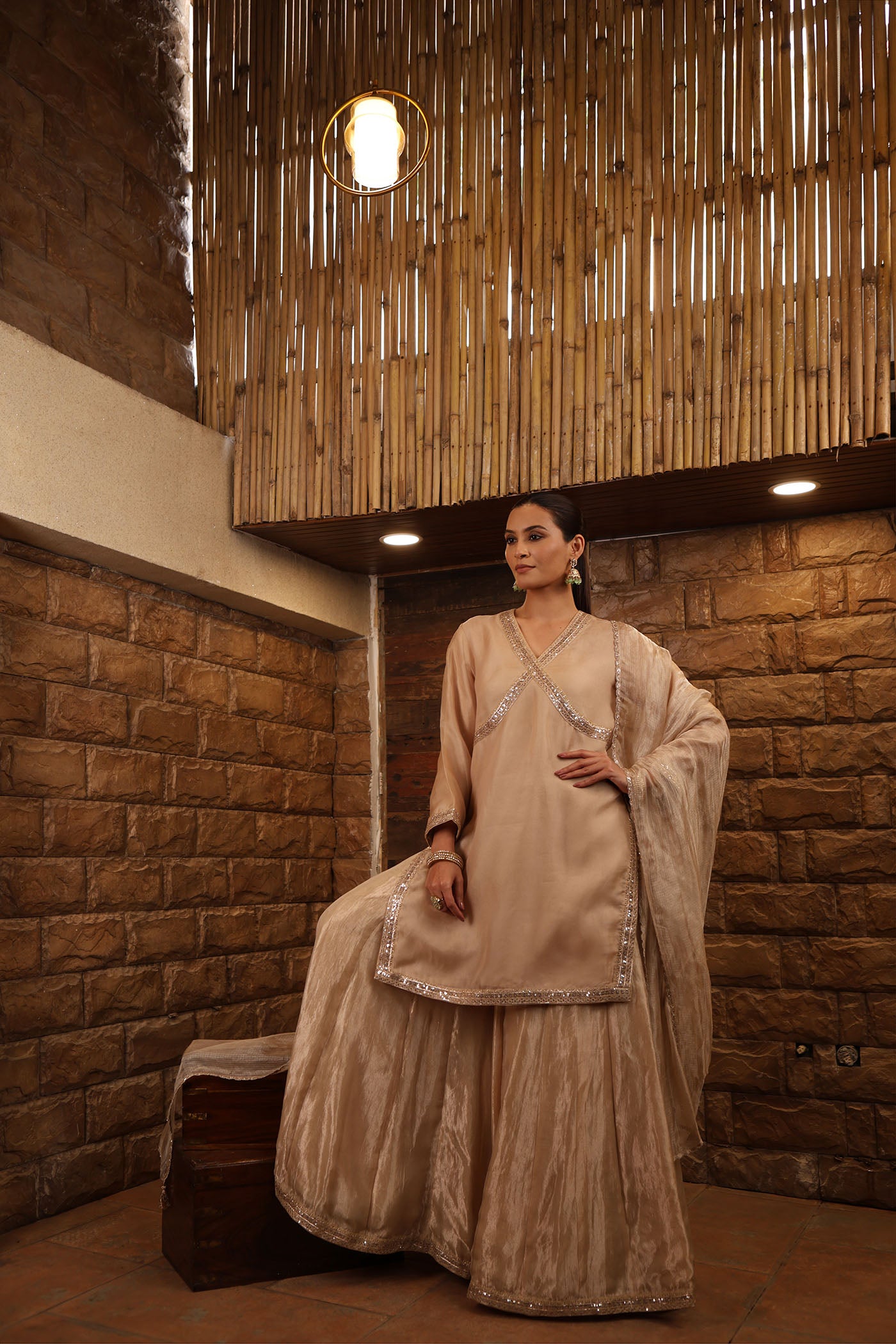 Sand-Beige Embroidered Pure Silk Organza Short Kurta Paired With Pure Silk Tissue Sharara & Dupatta Set