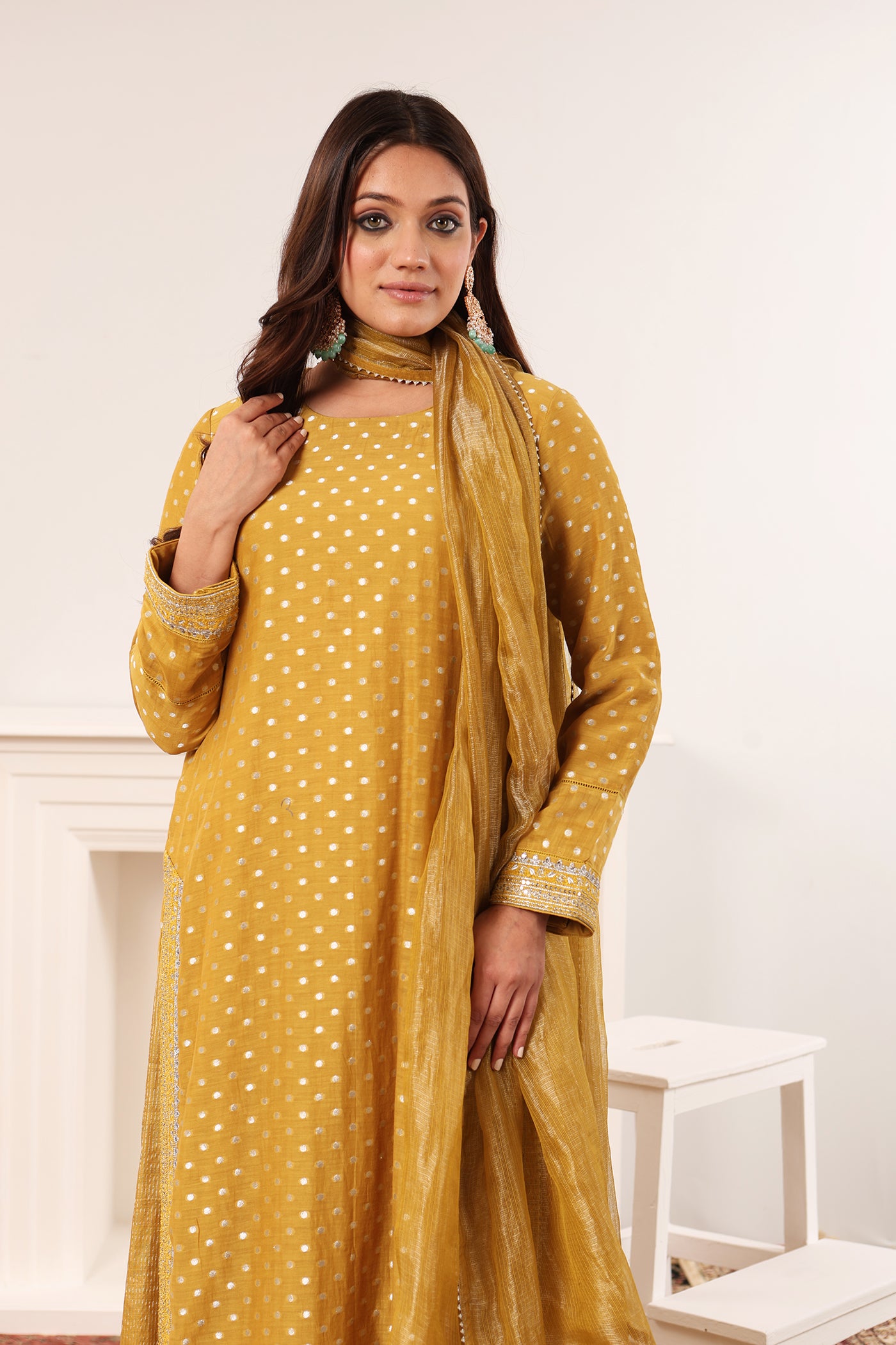 Dusty-Mustard Embroidered Pure Silk-Cotton With Woven Polka Dots Kurta-Sharara Set