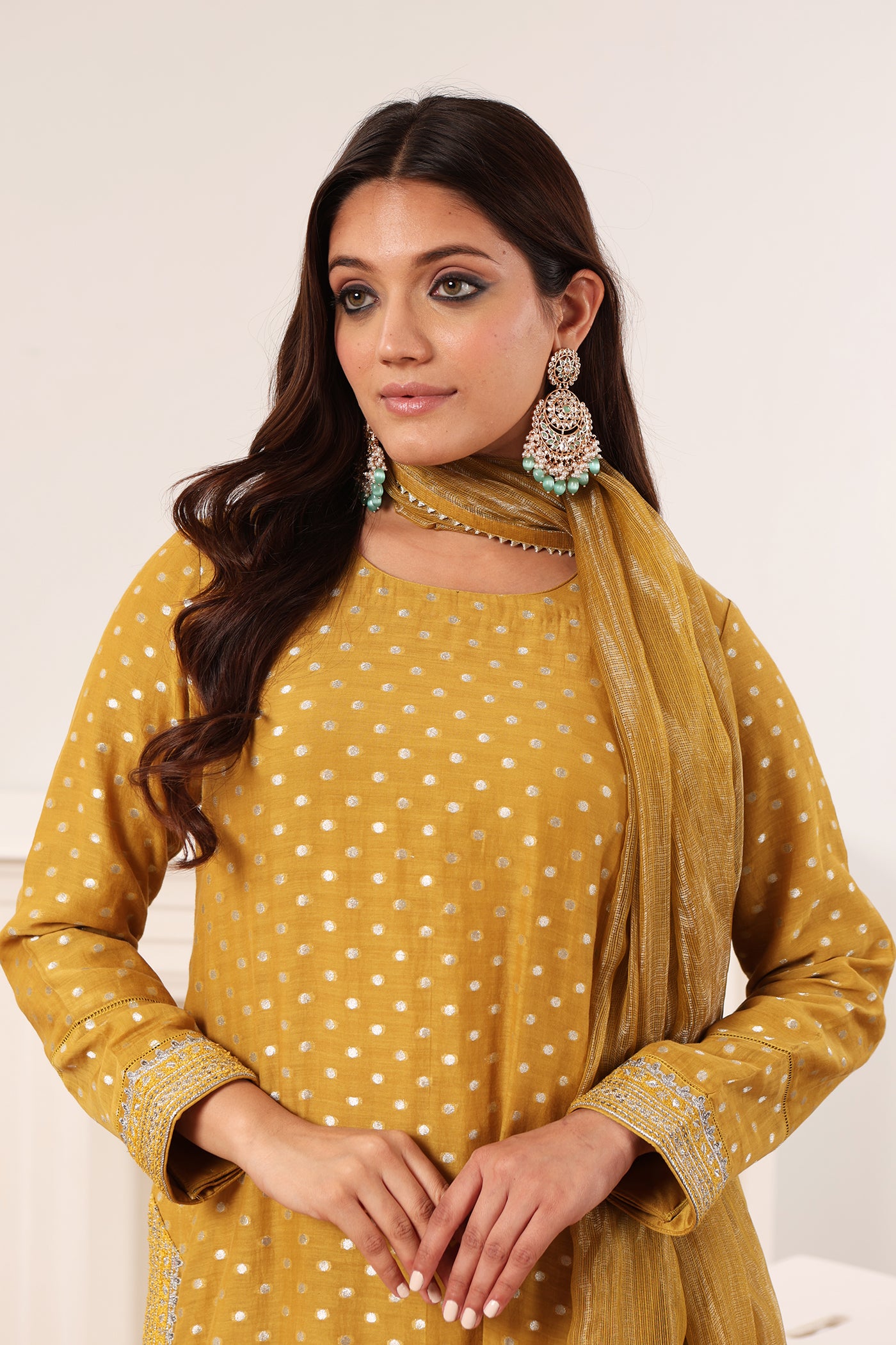 Dusty-Mustard Embroidered Pure Silk-Cotton With Woven Polka Dots Kurta-Sharara Set