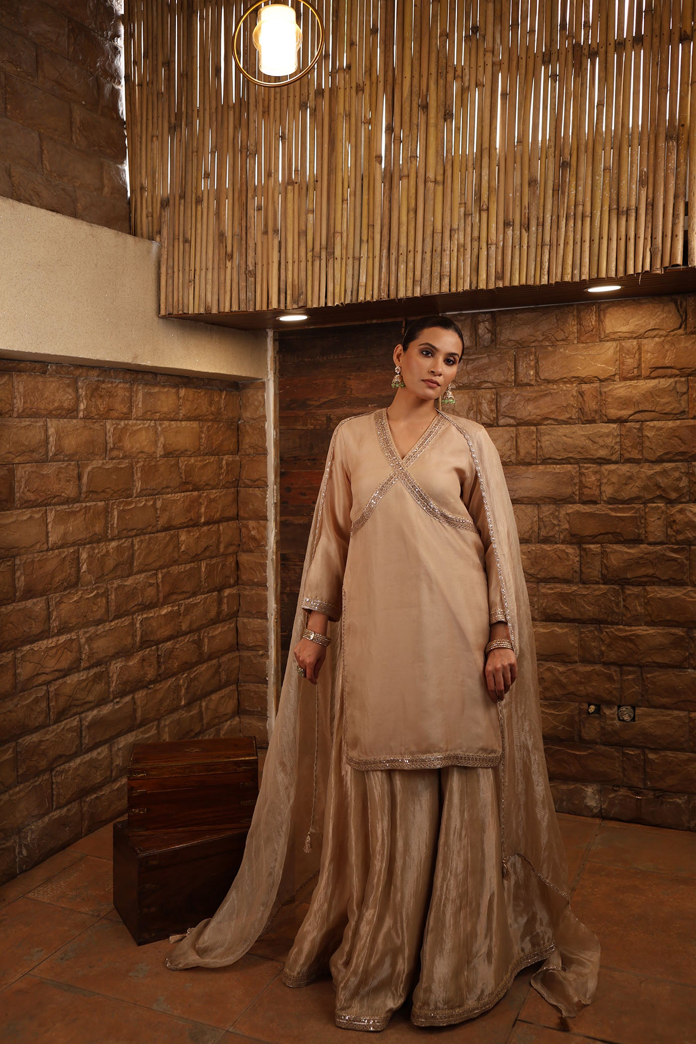 Sand-Beige Embroidered Pure Silk Organza Short Kurta Paired With Pure Silk Tissue Sharara & Dupatta Set