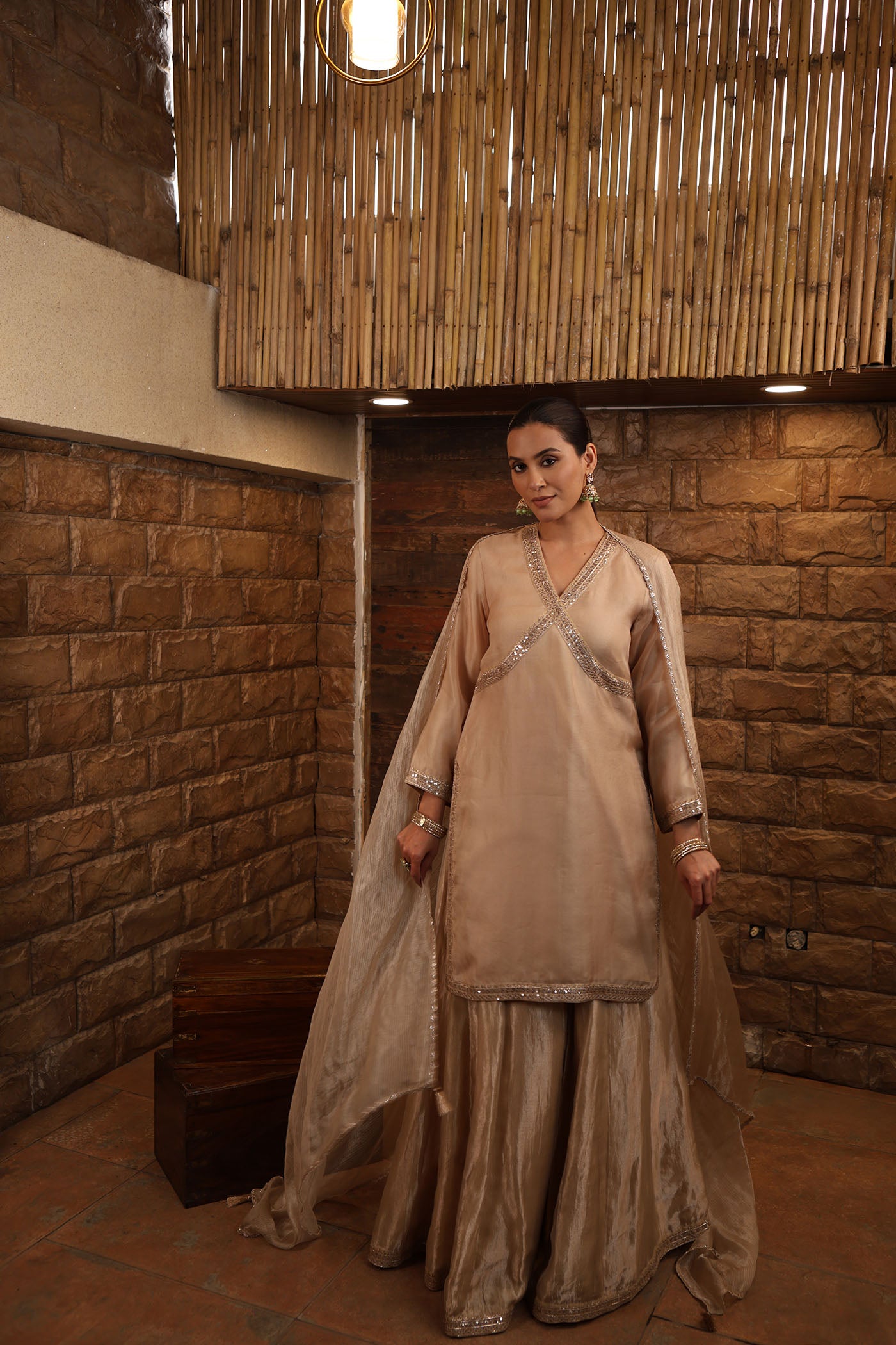 Sand-Beige Embroidered Pure Silk Organza Short Kurta Paired With Pure Silk Tissue Sharara & Dupatta Set