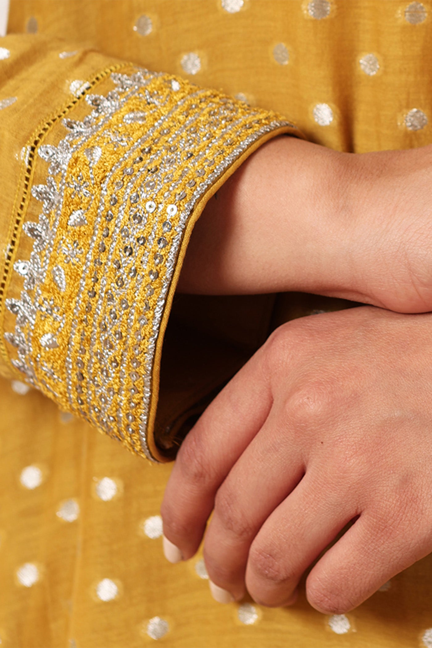 Dusty-Mustard Embroidered Pure Silk-Cotton With Woven Polka Dots Kurta-Sharara Set