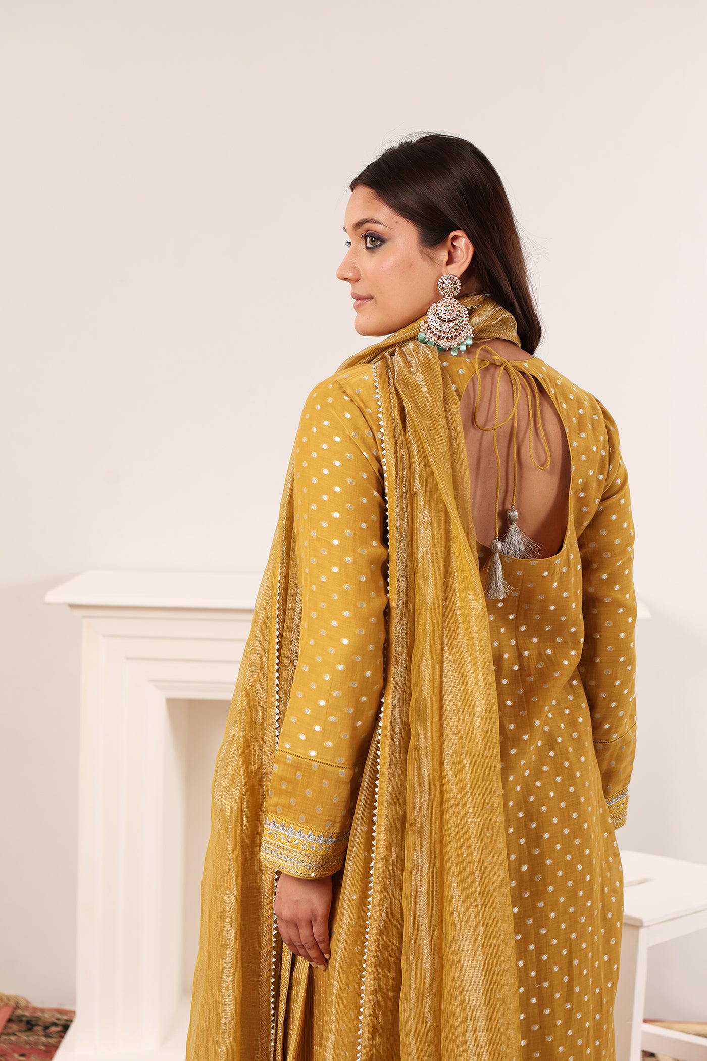 Dusty-Mustard Embroidered Pure Silk-Cotton With Woven Polka Dots Kurta-Sharara Set