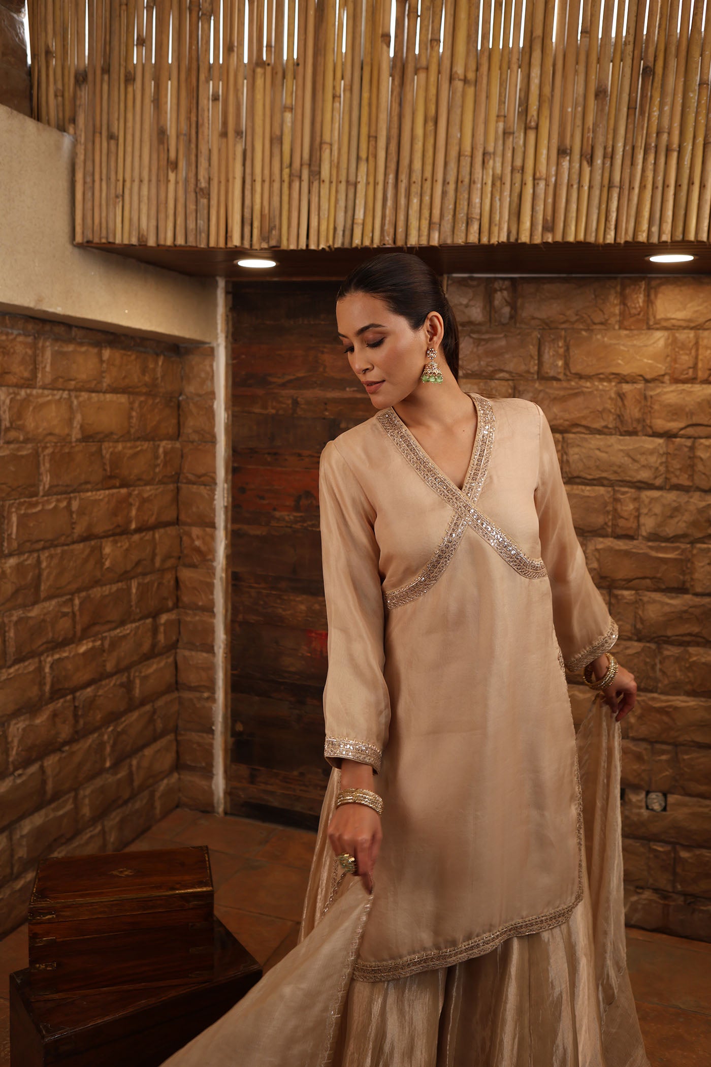 Sand-Beige Embroidered Pure Silk Organza Short Kurta Paired With Pure Silk Tissue Sharara & Dupatta Set