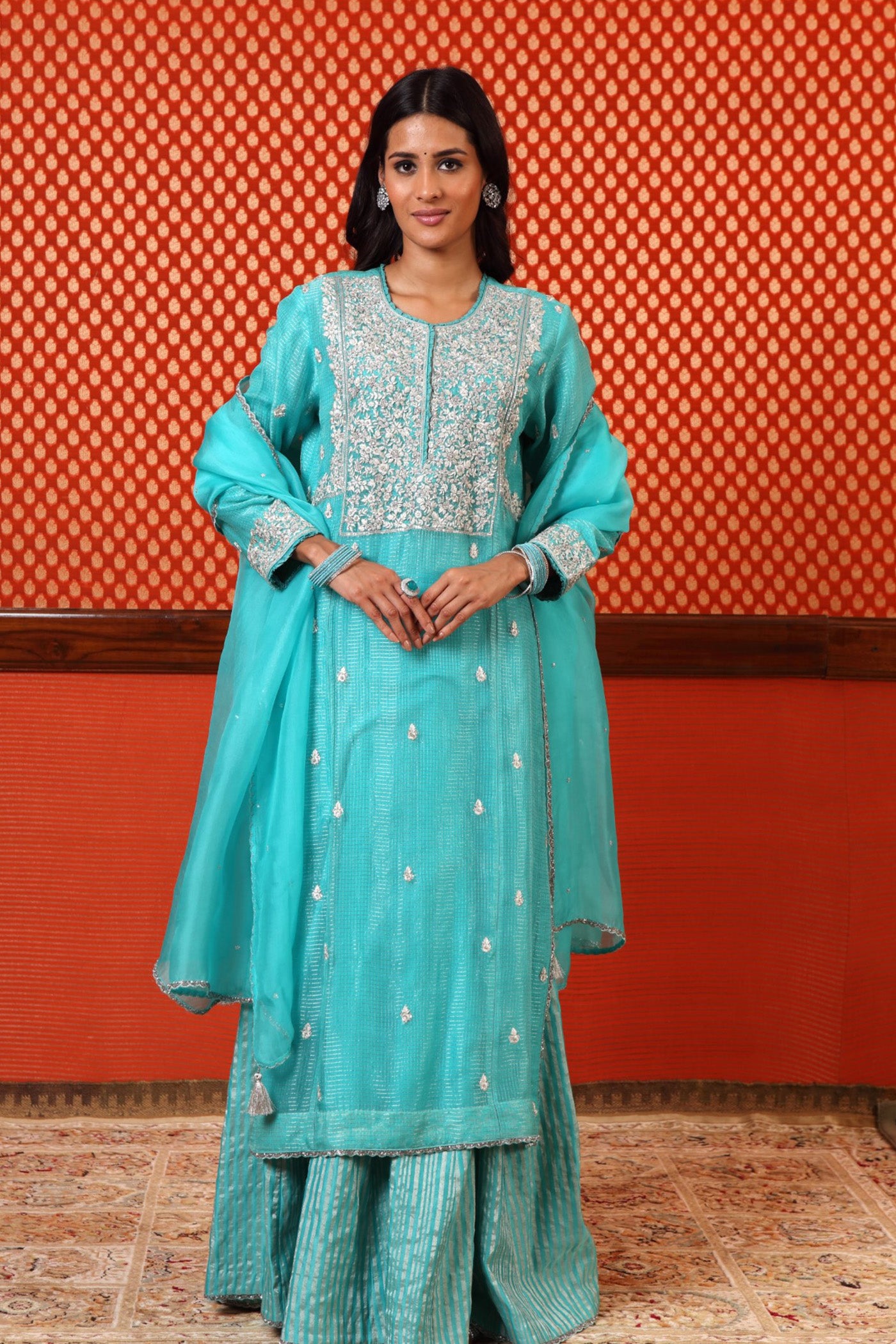 Hand Embroidered Sea Blue Pure Katan Silk Kurta Sharara Set A