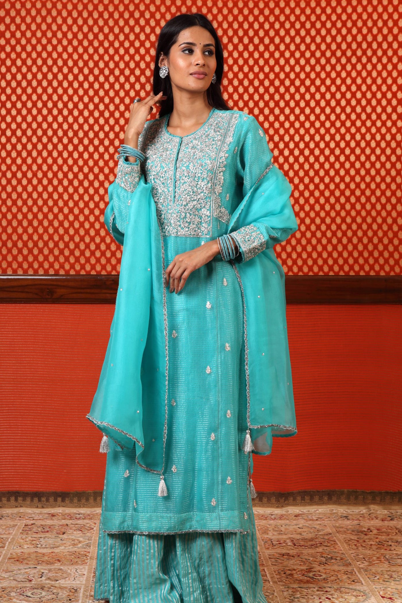 Hand Embroidered Sea Blue Pure Katan Silk Kurta Sharara Set A