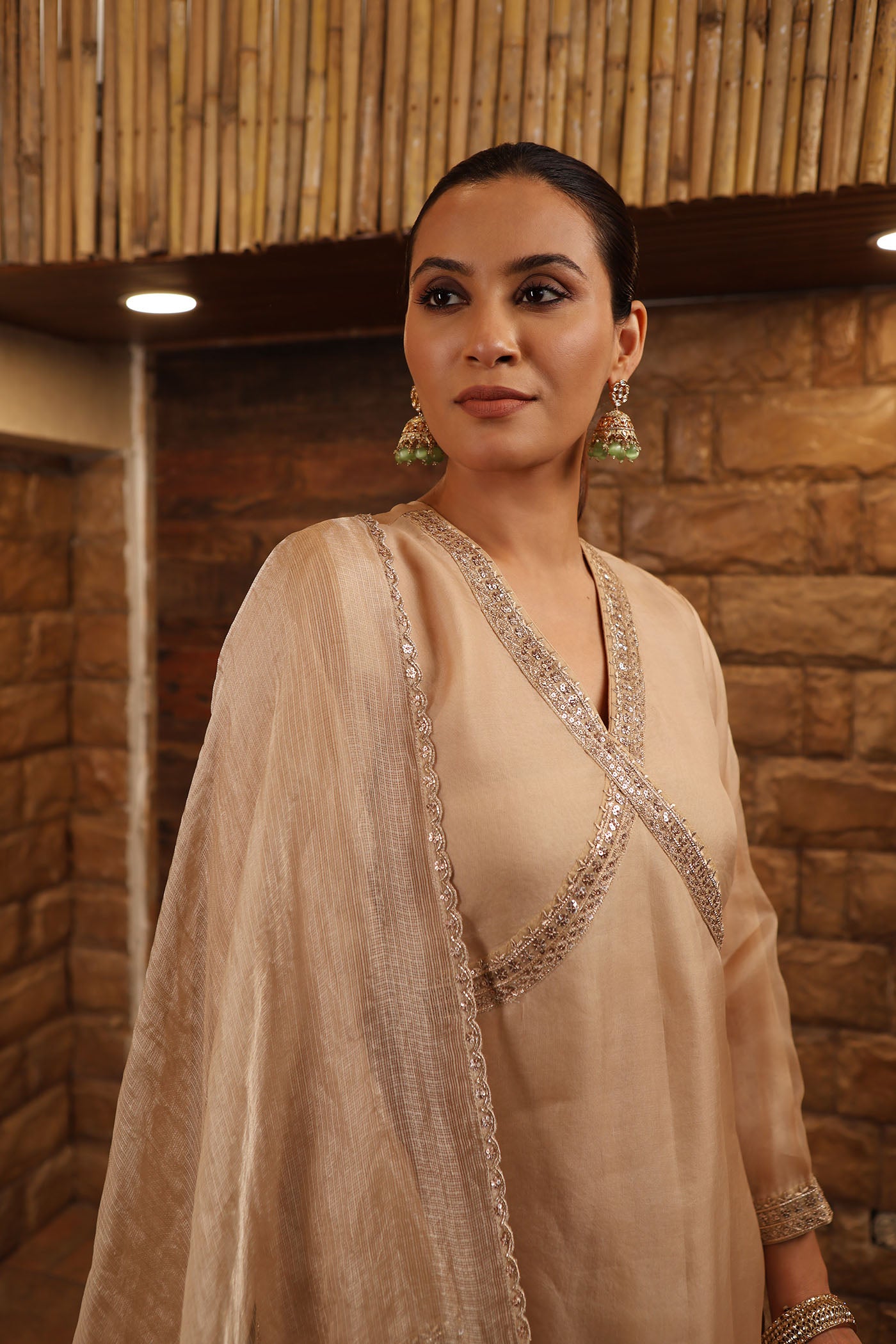 Sand-Beige Embroidered Pure Silk Organza Short Kurta Paired With Pure Silk Tissue Sharara & Dupatta Set