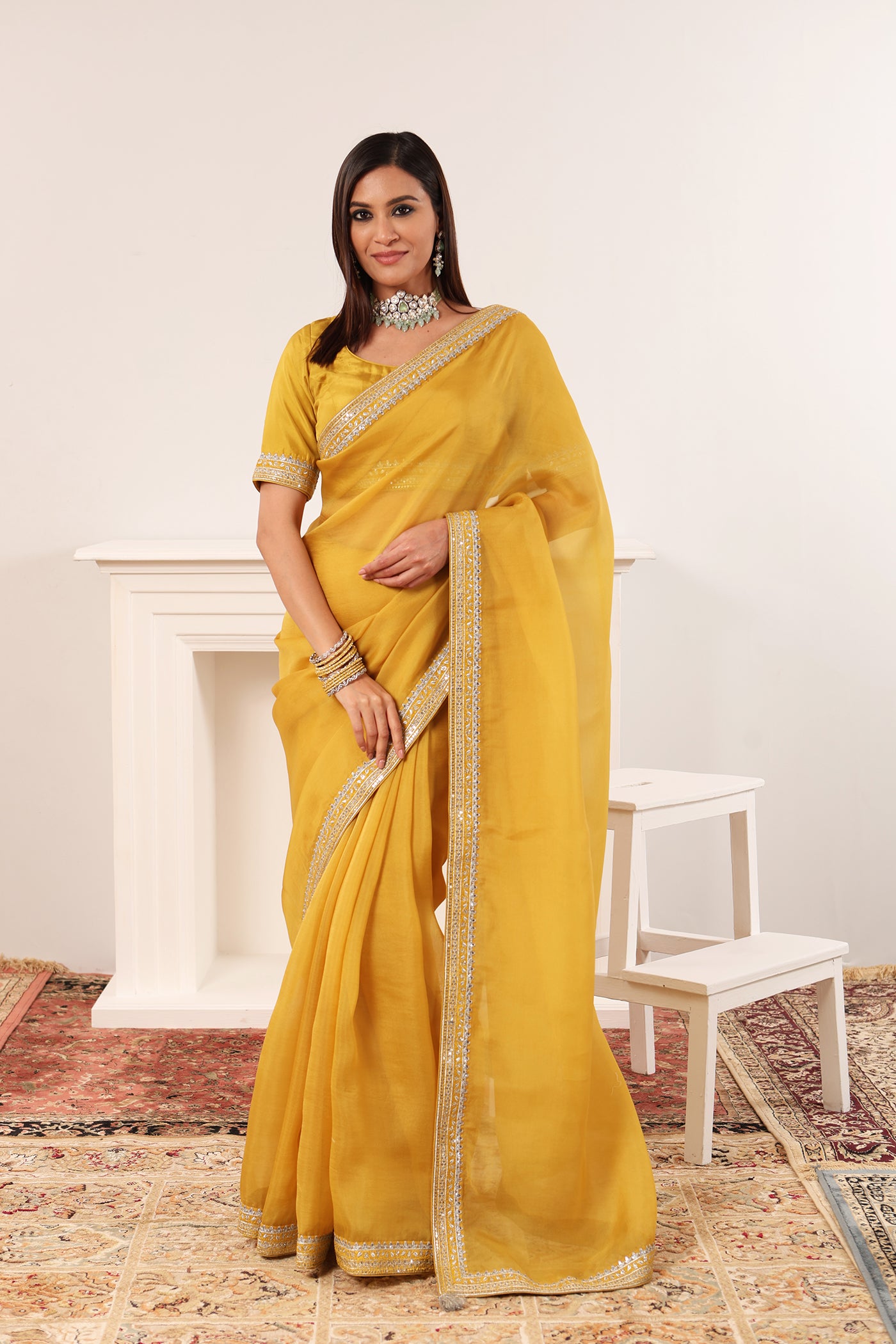 Priya Banerjee in Lime-Yellow Embroidered Pure Silk-Organza Saree-Blouse Set