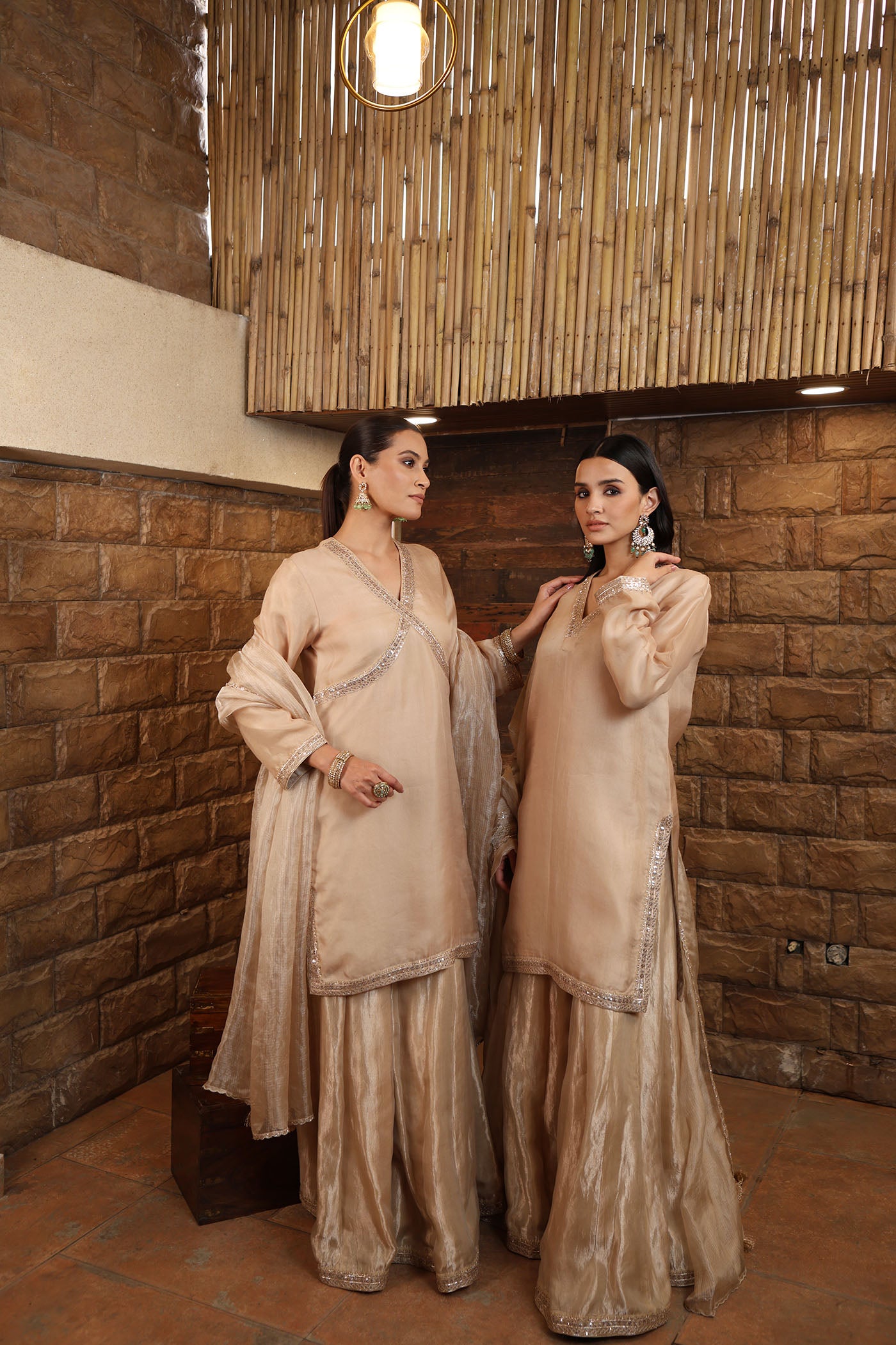 Sand-Beige Embroidered Pure Silk Organza Short Kurta Paired With Pure Silk Tissue Sharara & Dupatta Set