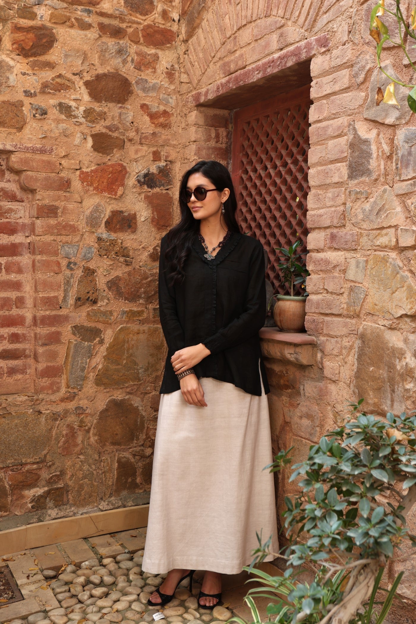 Black Pure Linen Front-Open Short Blouse With Frilled Nekline & Smocked Cuffs