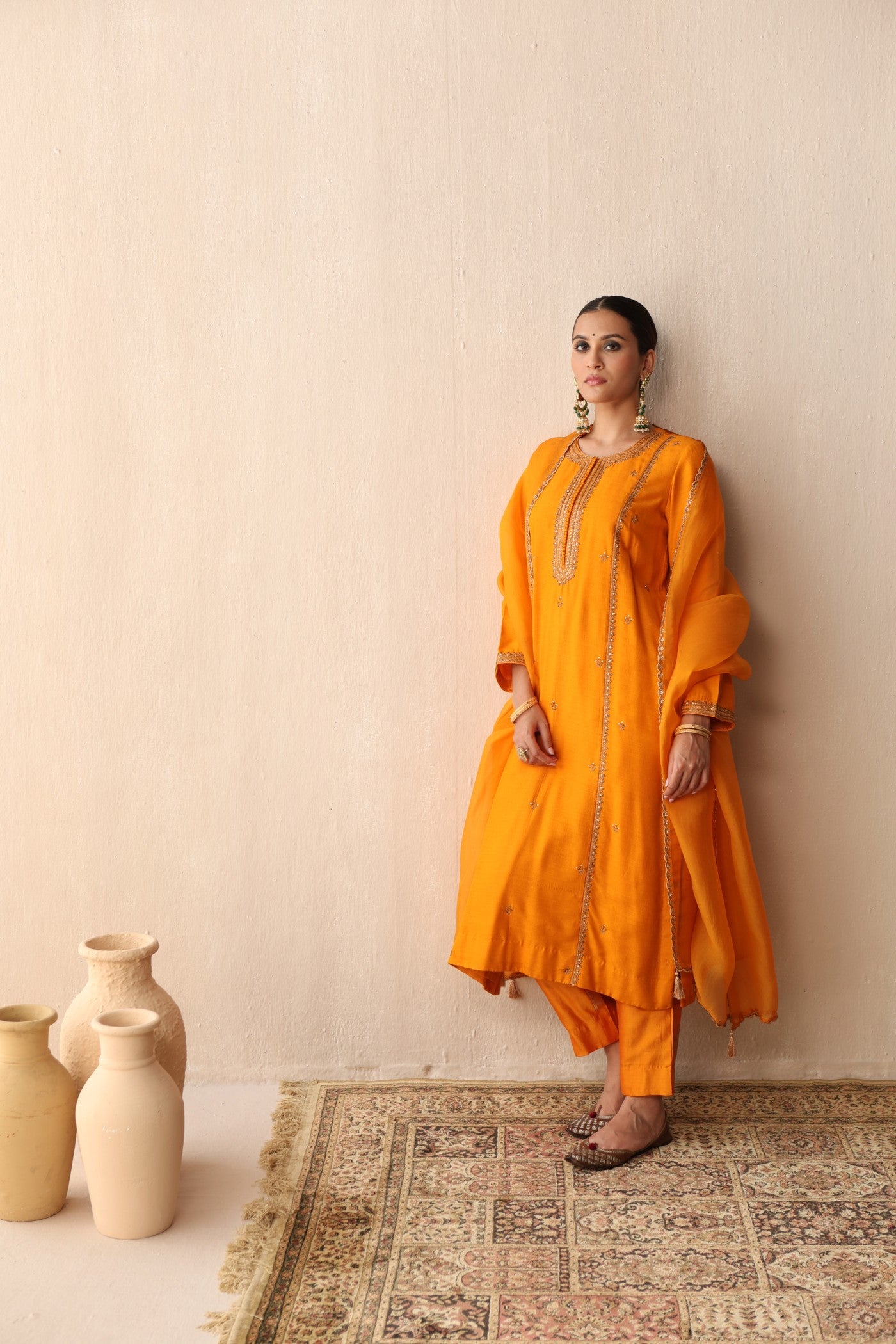 MANGO-YELLOW HAND-EMBROIDERED PURE MUGA-SILK KURTA-PANTS SET