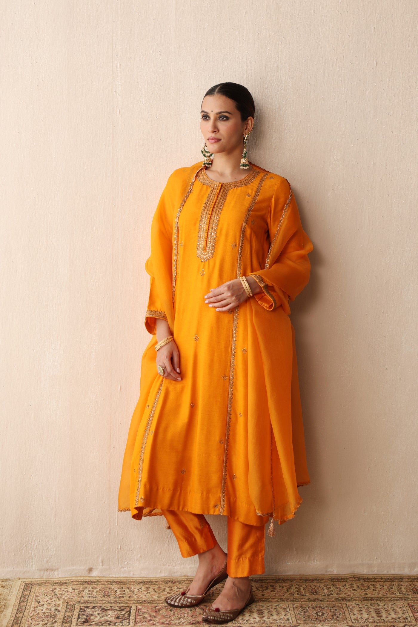 MANGO-YELLOW HAND-EMBROIDERED PURE MUGA-SILK KURTA-PANTS SET
