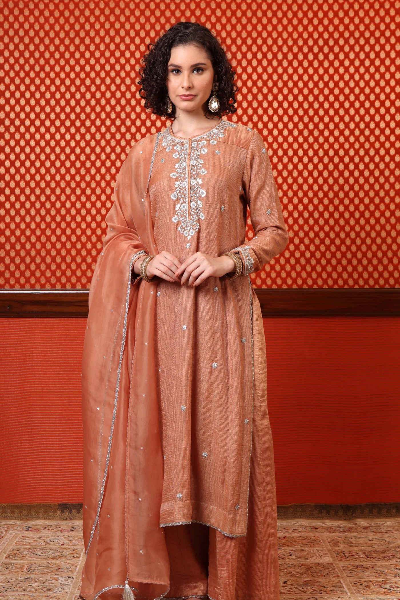 Hand Embroidered Dusty Peach Pure Silk Cotton Kurta Palazzo Set