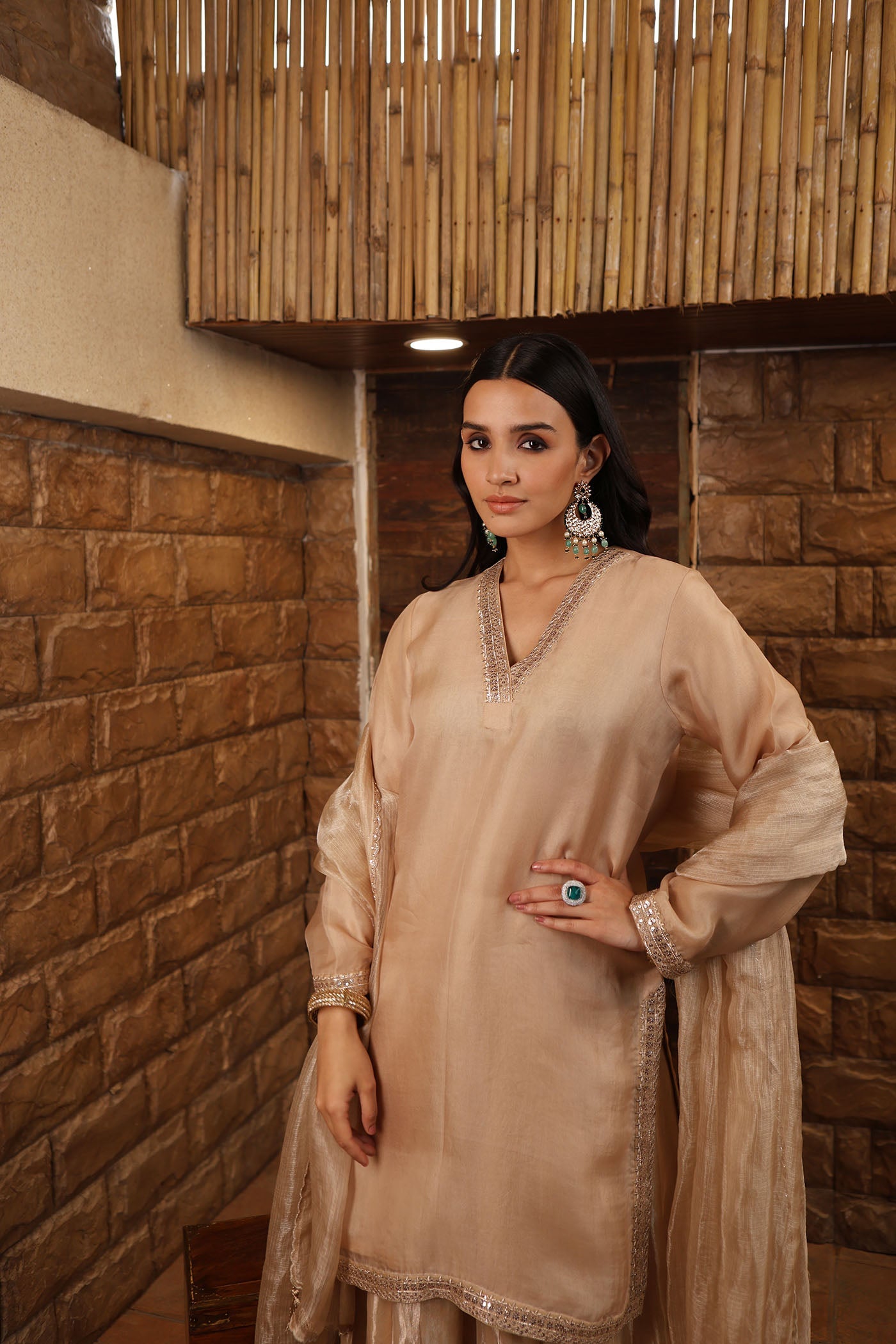 Sand-Beige Embroidered Pure Silk Organza Short Kurta Paired With Pure Silk Tissue Sharara & Dupatta Set