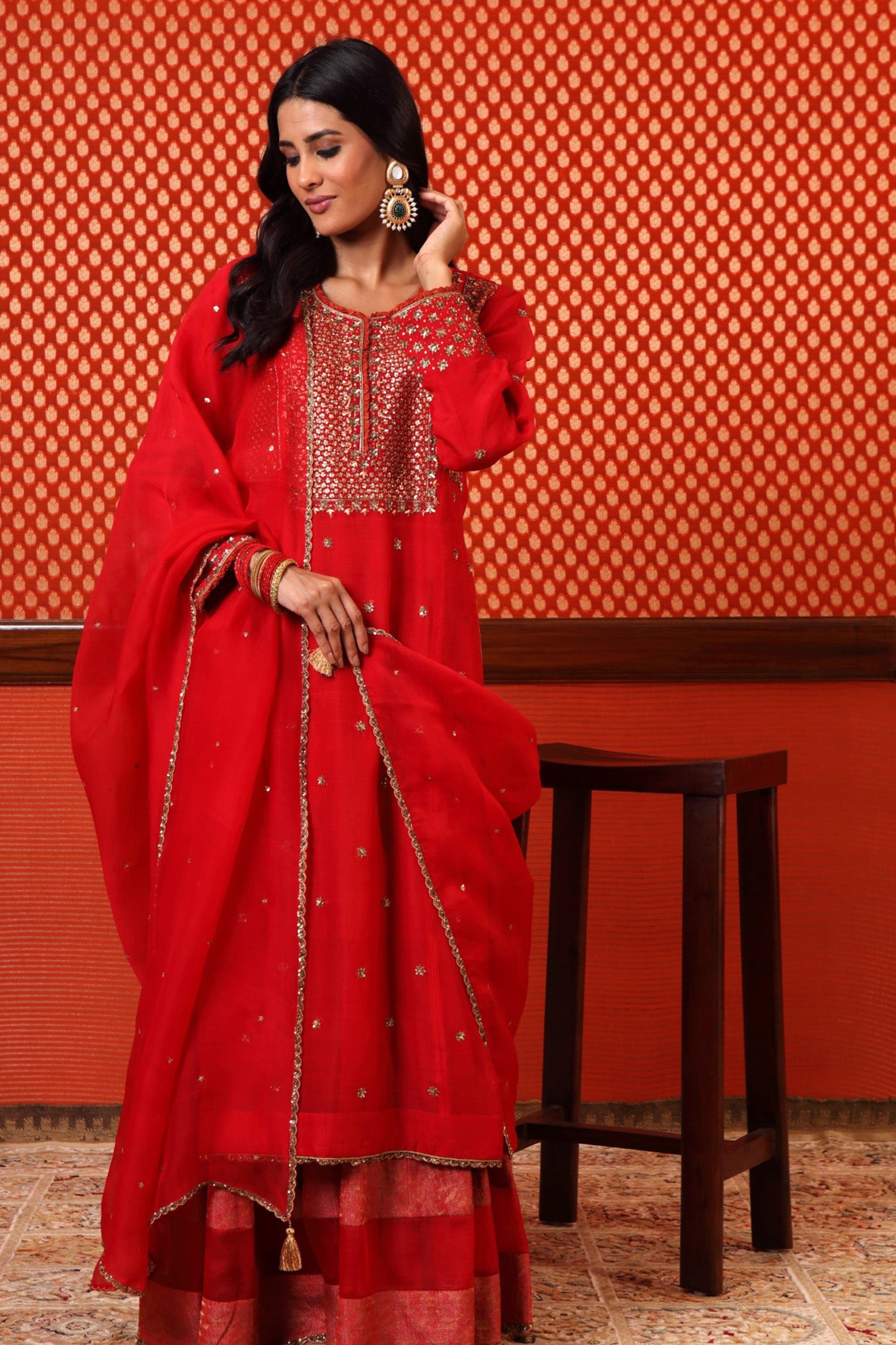 Hand Embroidered Bridal Red Pure Silk Organza Kurta Sharara Set