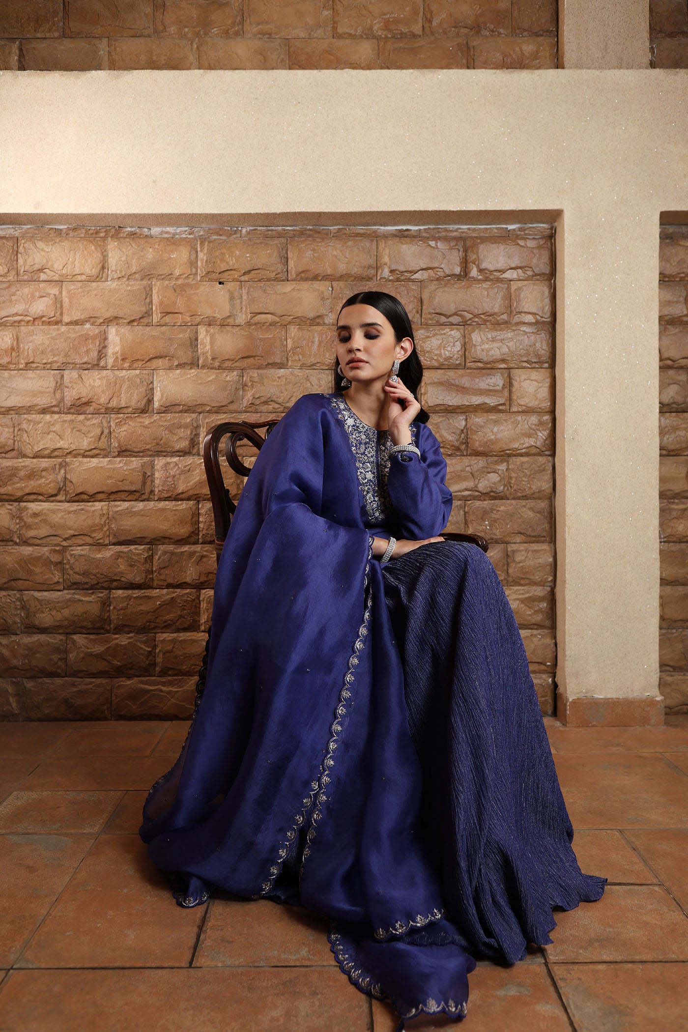 Royal-Blue Hand-Embroidered Pure Muga-Silk Short-Kurta Paired With Crushed Metallic Tissue Lehenga Set