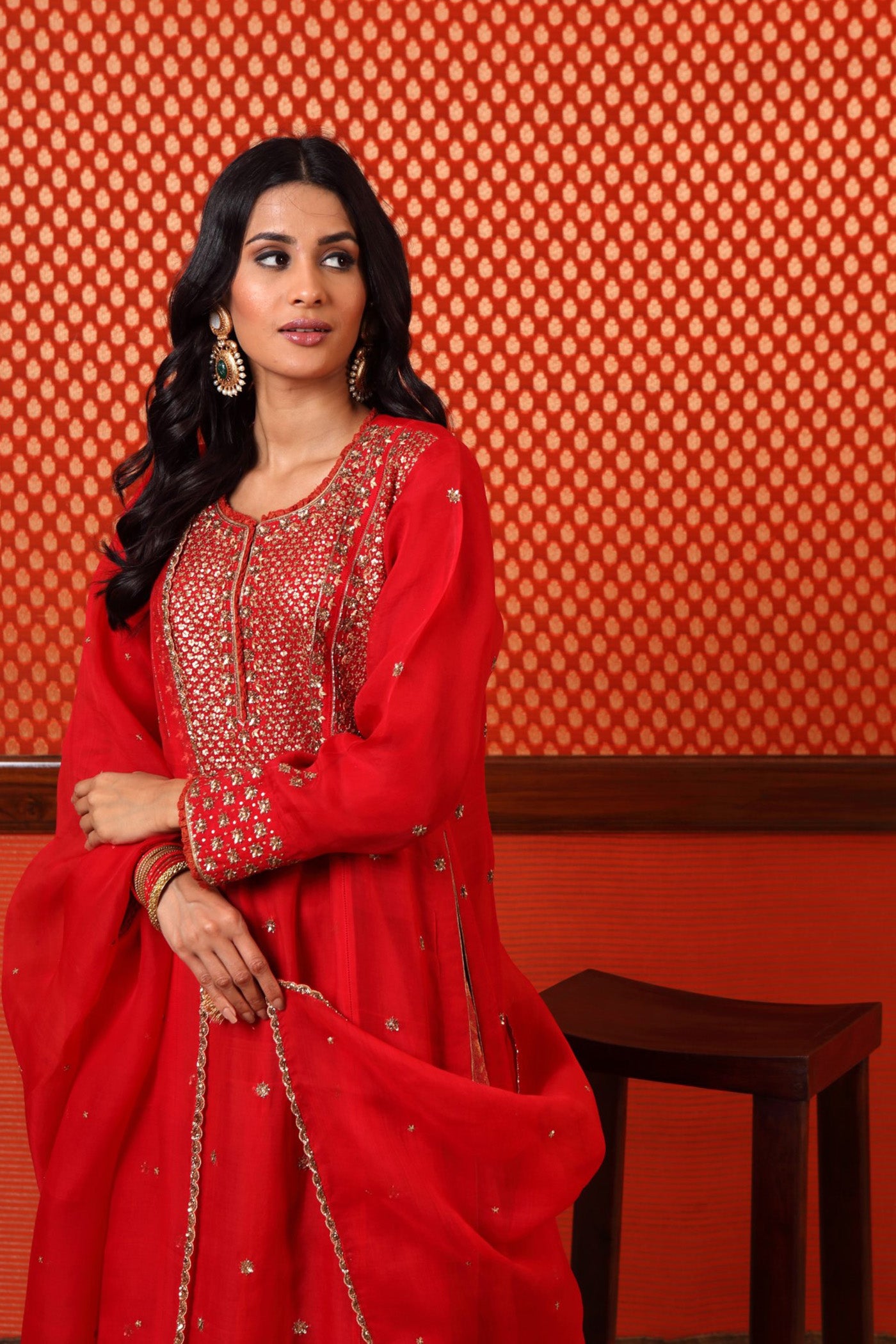 Hand Embroidered Bridal Red Pure Silk Organza Kurta Sharara Set
