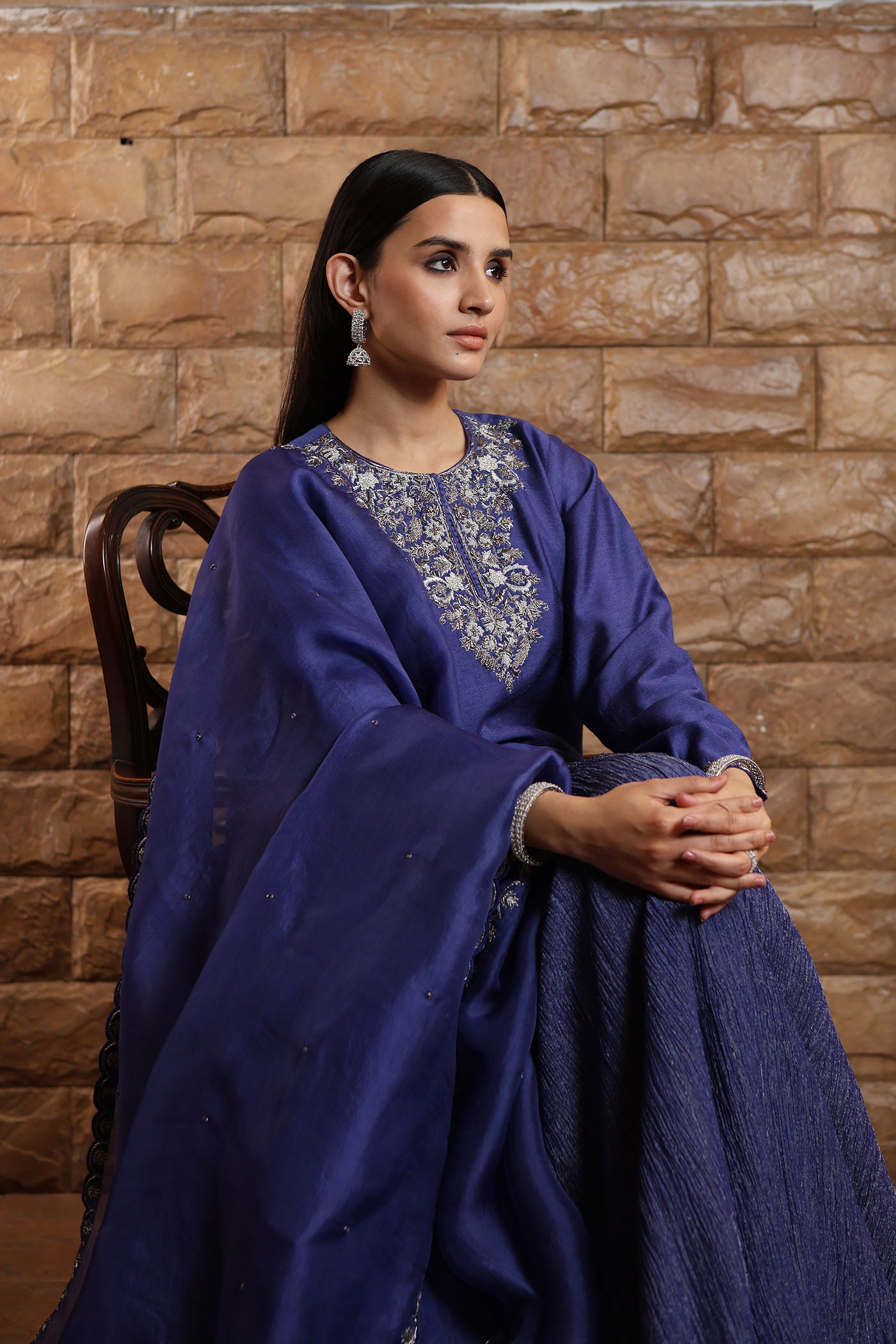 Royal-Blue Hand-Embroidered Pure Muga-Silk Short-Kurta Paired With Crushed Metallic Tissue Lehenga Set