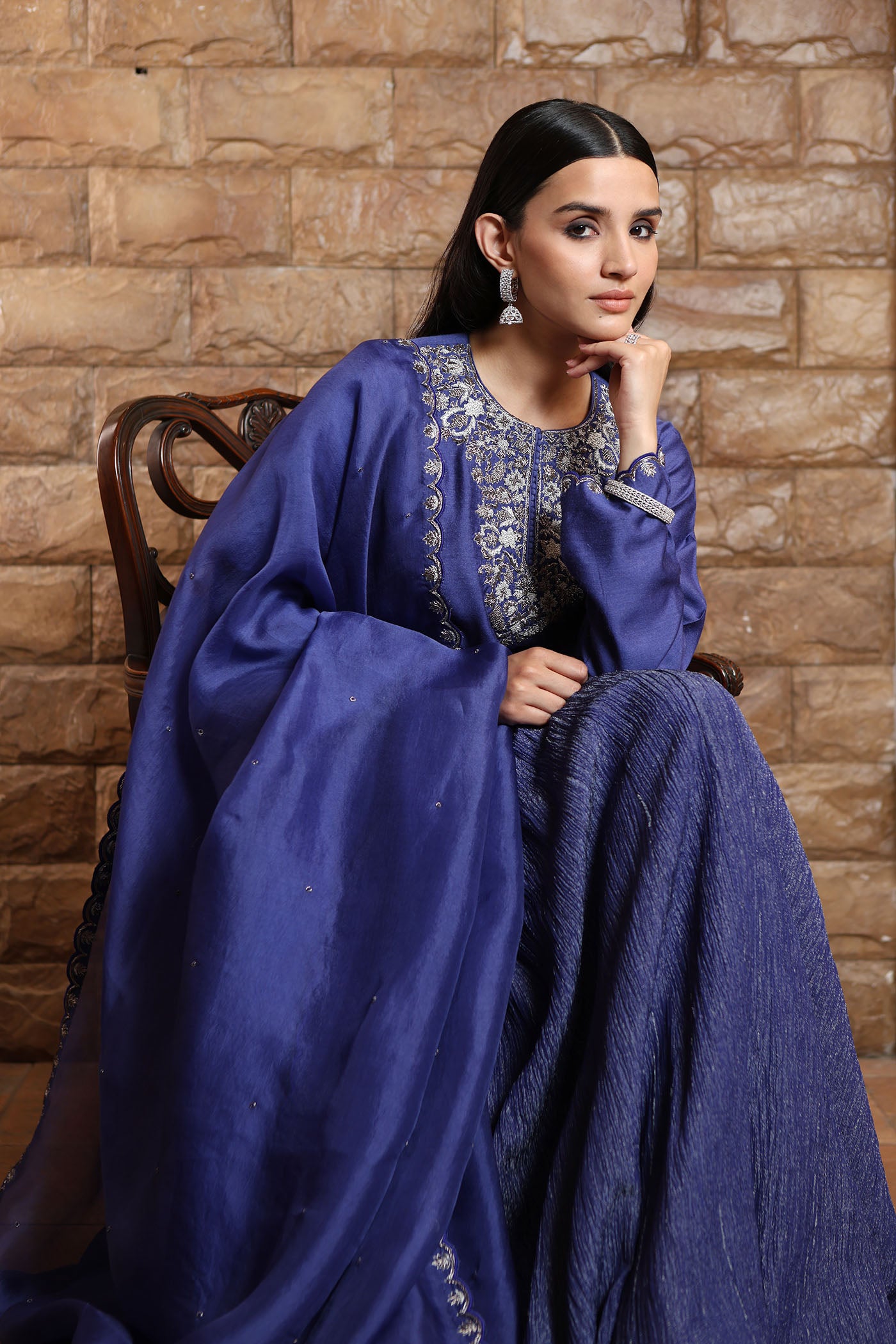 Royal-Blue Hand-Embroidered Pure Muga-Silk Short-Kurta Paired With Crushed Metallic Tissue Lehenga Set
