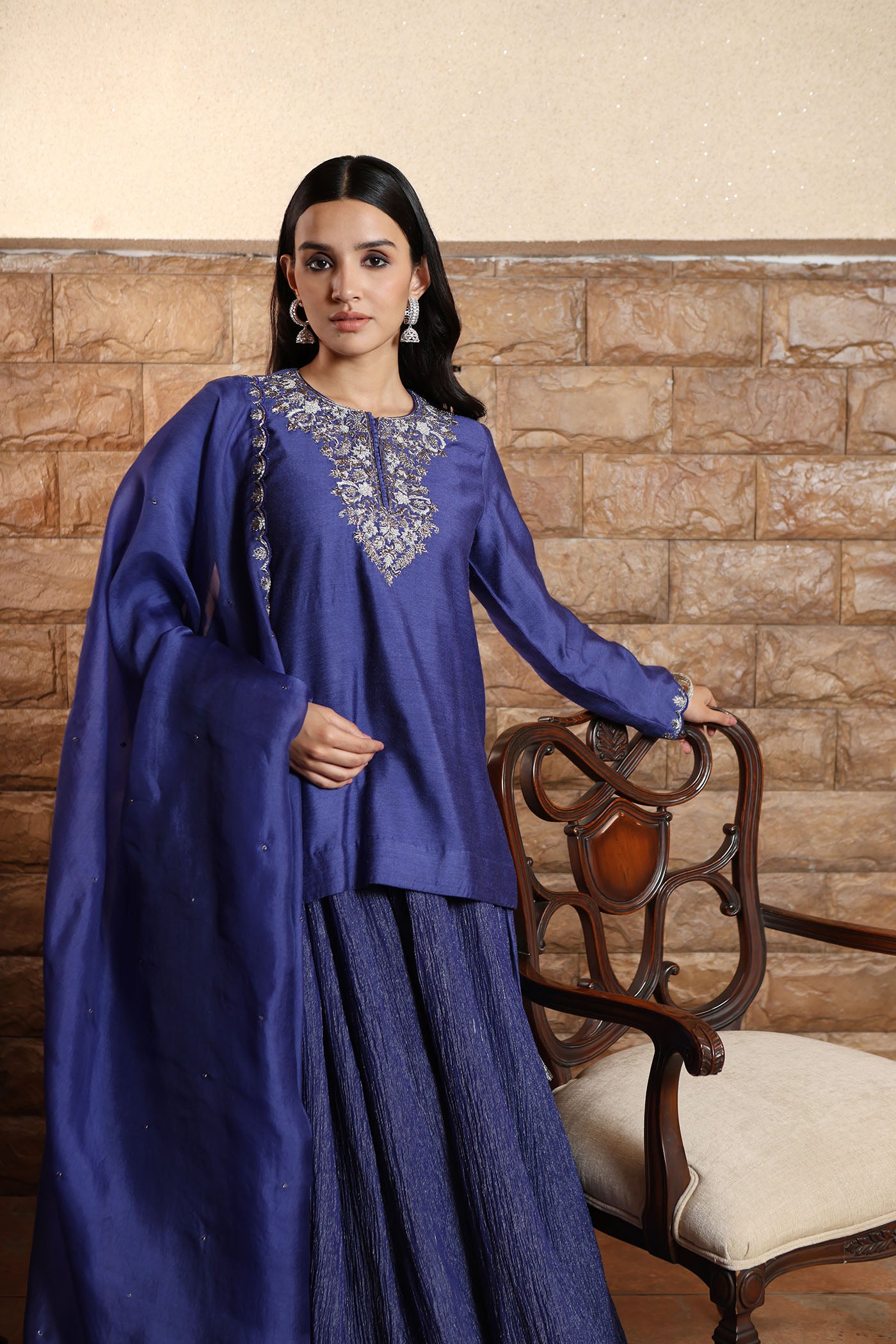 Royal-Blue Hand-Embroidered Pure Muga-Silk Short-Kurta Paired With Crushed Metallic Tissue Lehenga Set