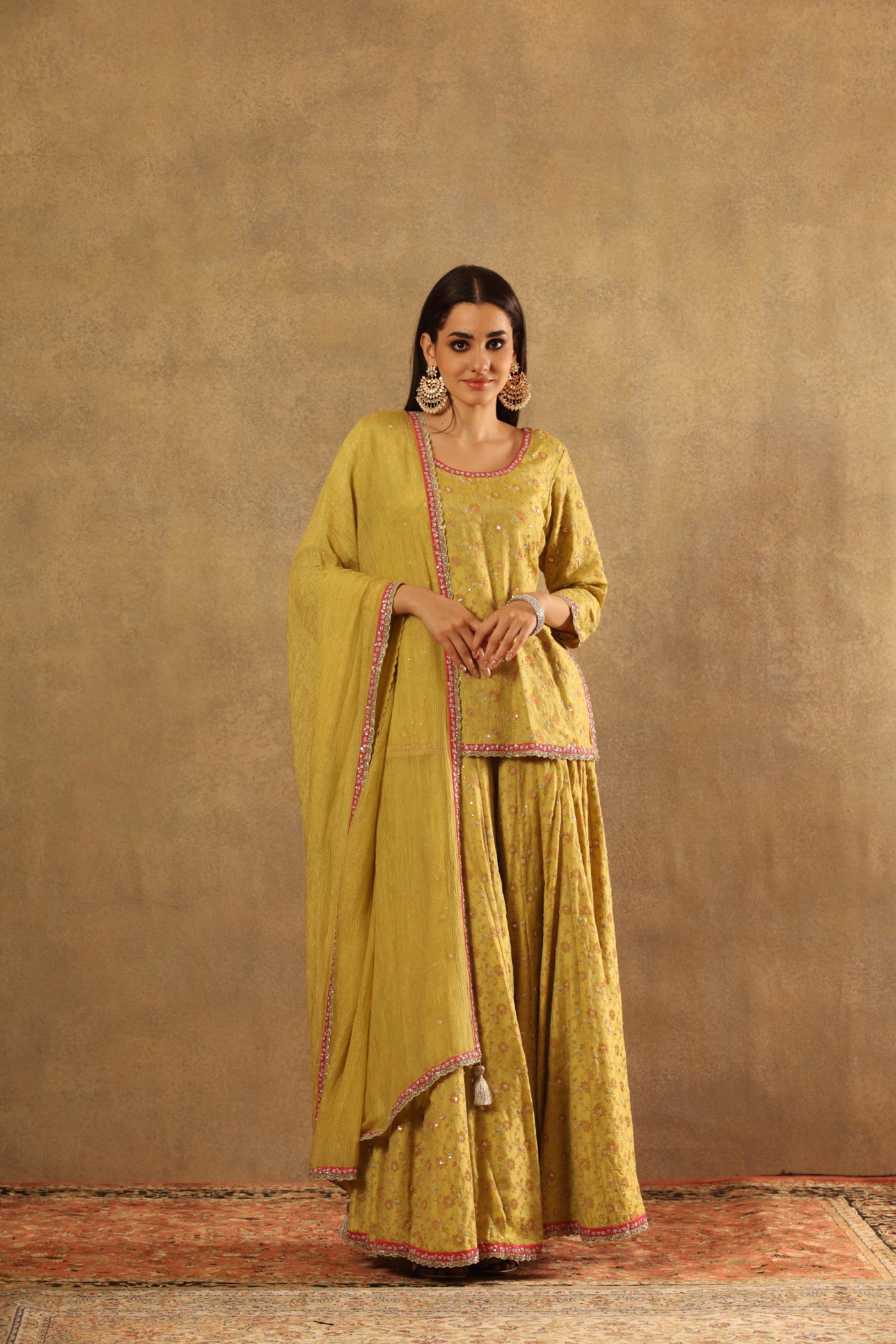 Hand Embroidered Lemon Green Pure Silk Georgette Short Kurta Lehenga Set