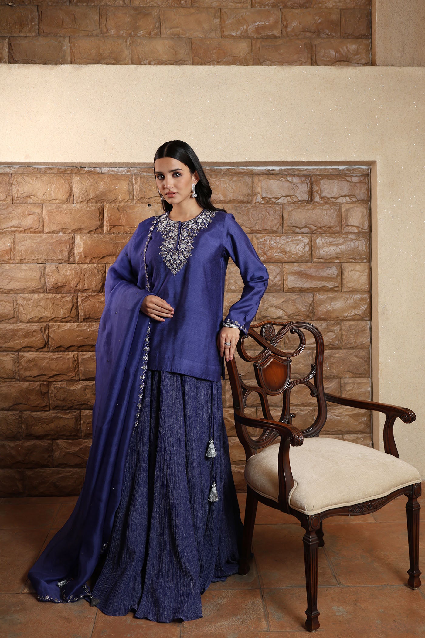 Royal-Blue Hand-Embroidered Pure Muga-Silk Short-Kurta Paired With Crushed Metallic Tissue Lehenga Set