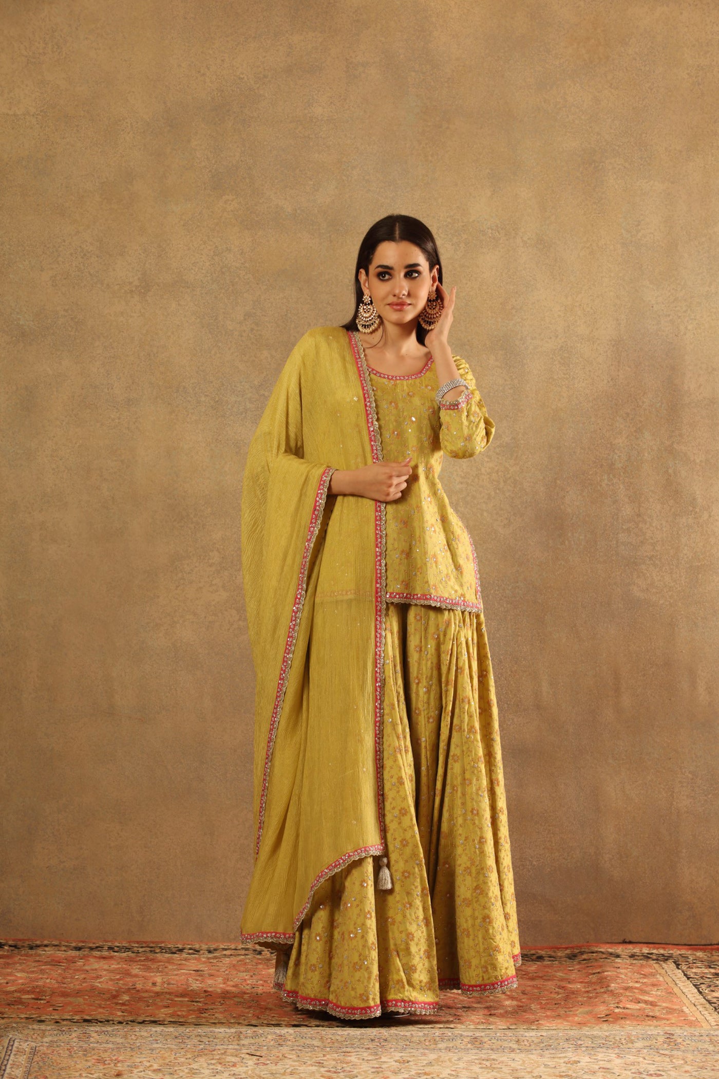 Hand Embroidered Lemon Green Pure Silk Georgette Short Kurta Lehenga Set