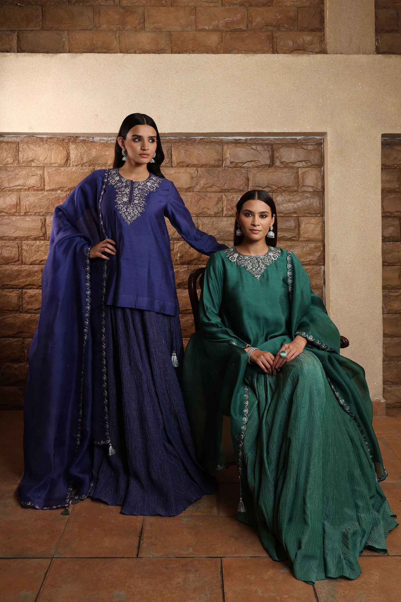 Royal-Blue Hand-Embroidered Pure Muga-Silk Short-Kurta Paired With Crushed Metallic Tissue Lehenga Set