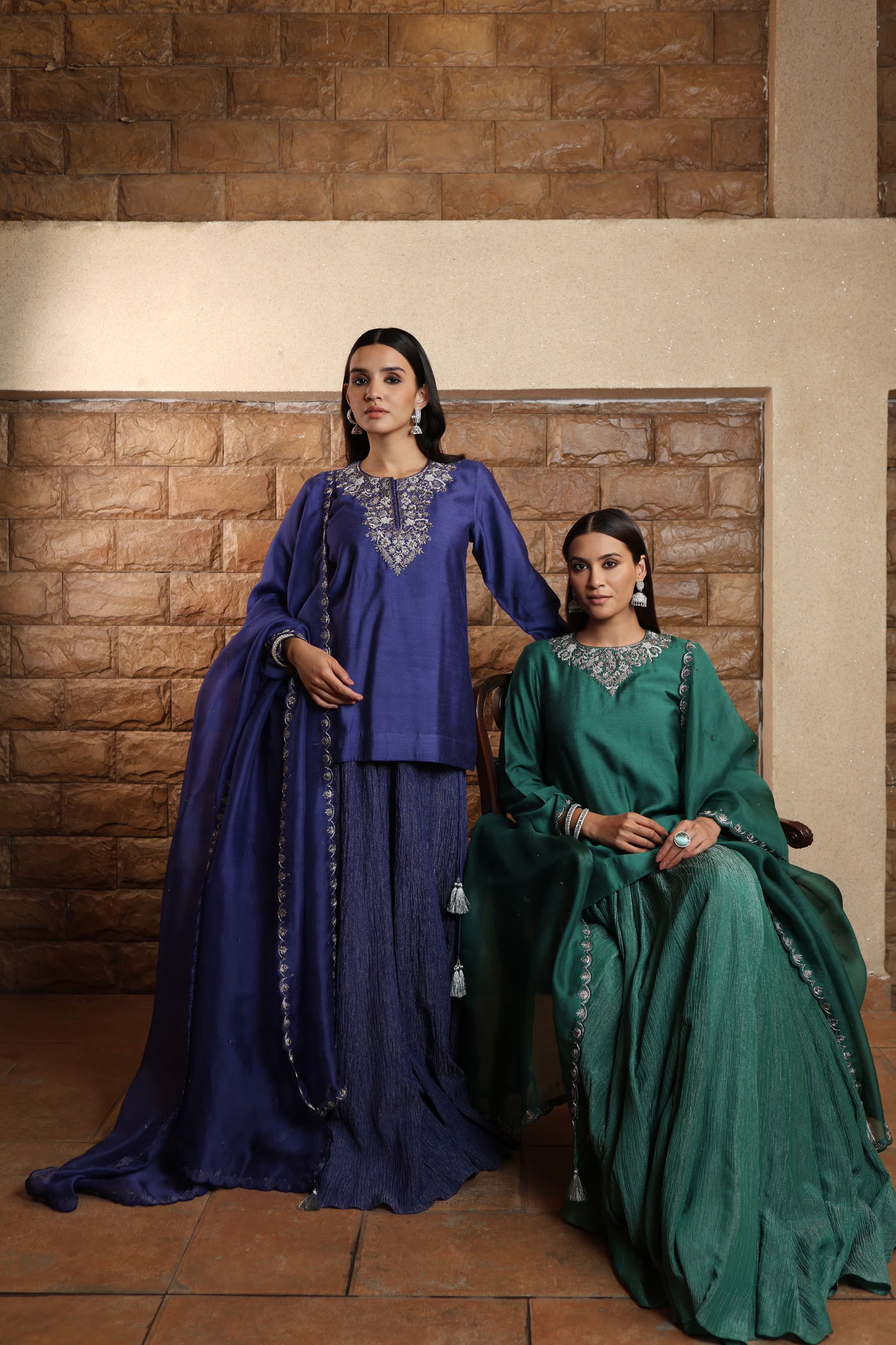 Bright-Green Hand-Embroidered PureMuga-Silk Short-Kurta Paired With Crushed Metallic Tissue Lehenga Set