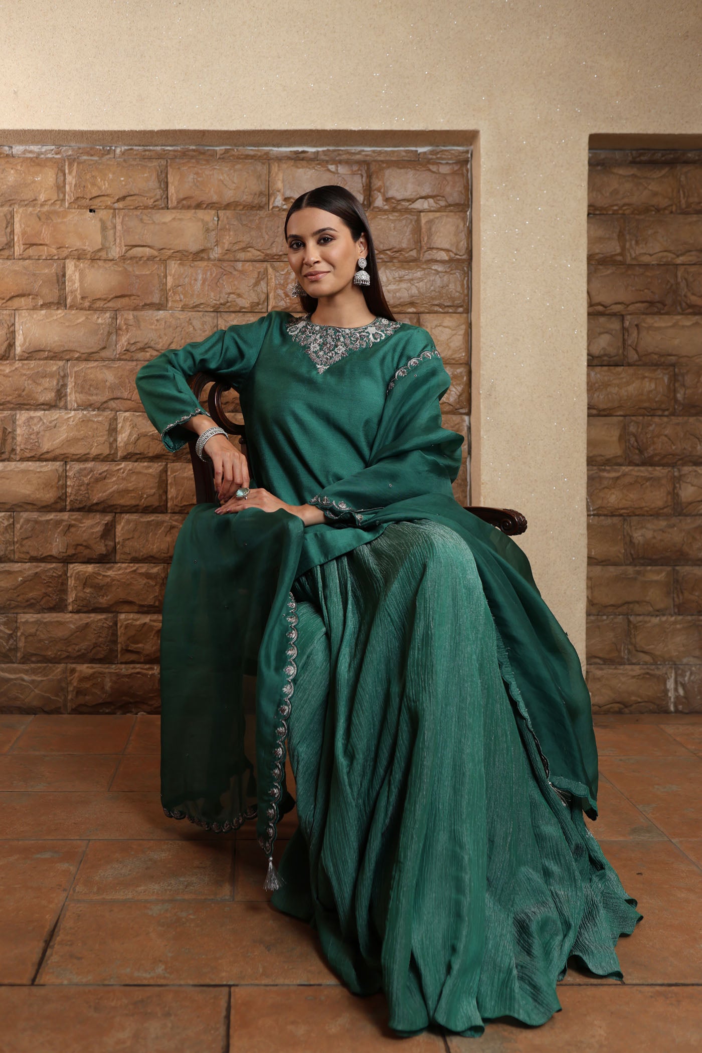 Bright-Green Hand-Embroidered PureMuga-Silk Short-Kurta Paired With Crushed Metallic Tissue Lehenga Set