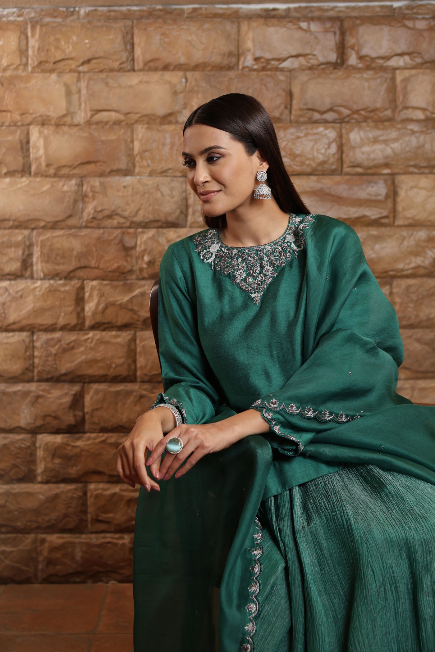 Bright-Green Hand-Embroidered PureMuga-Silk Short-Kurta Paired With Crushed Metallic Tissue Lehenga Set