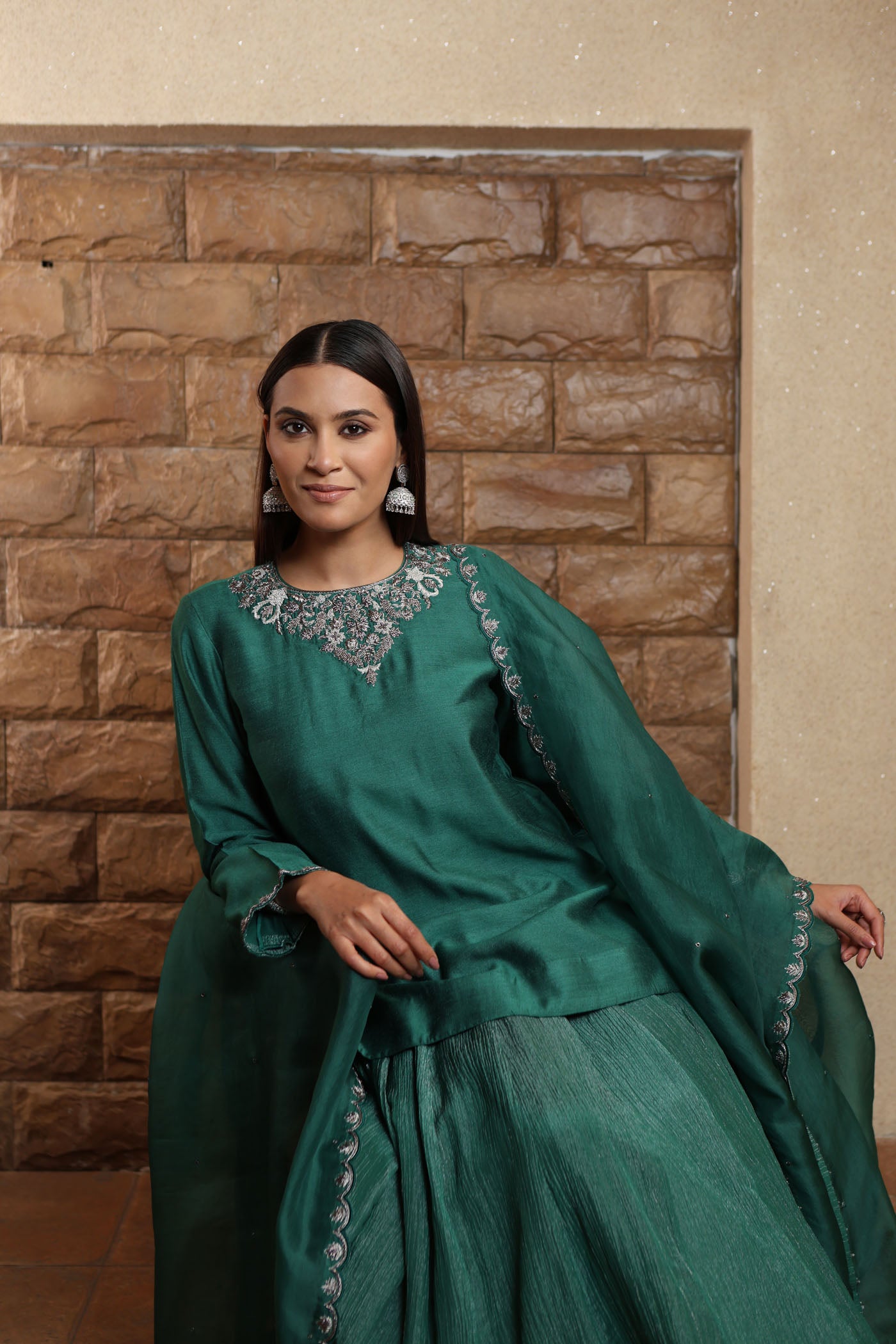 Bright-Green Hand-Embroidered PureMuga-Silk Short-Kurta Paired With Crushed Metallic Tissue Lehenga Set