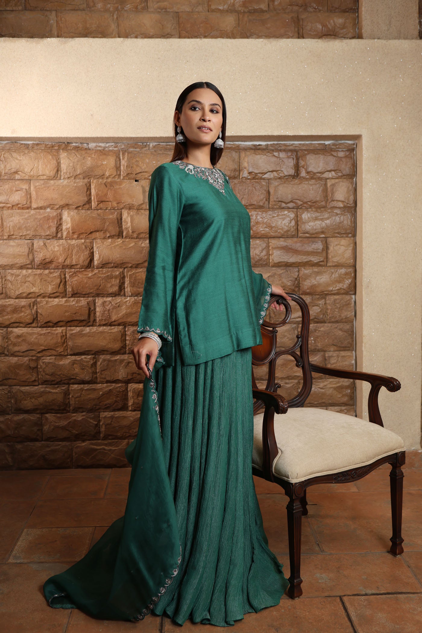 Bright-Green Hand-Embroidered PureMuga-Silk Short-Kurta Paired With Crushed Metallic Tissue Lehenga Set