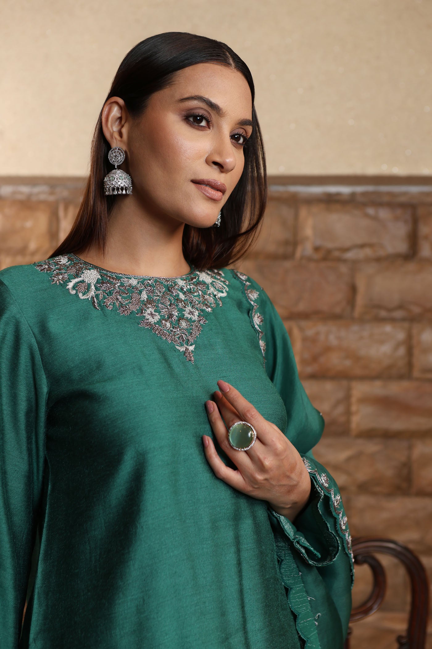 Bright-Green Hand-Embroidered PureMuga-Silk Short-Kurta Paired With Crushed Metallic Tissue Lehenga Set