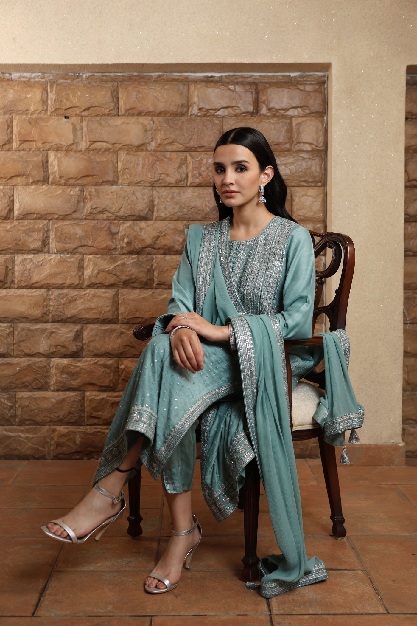 Aqua-Sea Hand-Embroidered Pure Muga-Silk Kurta-Pants Set