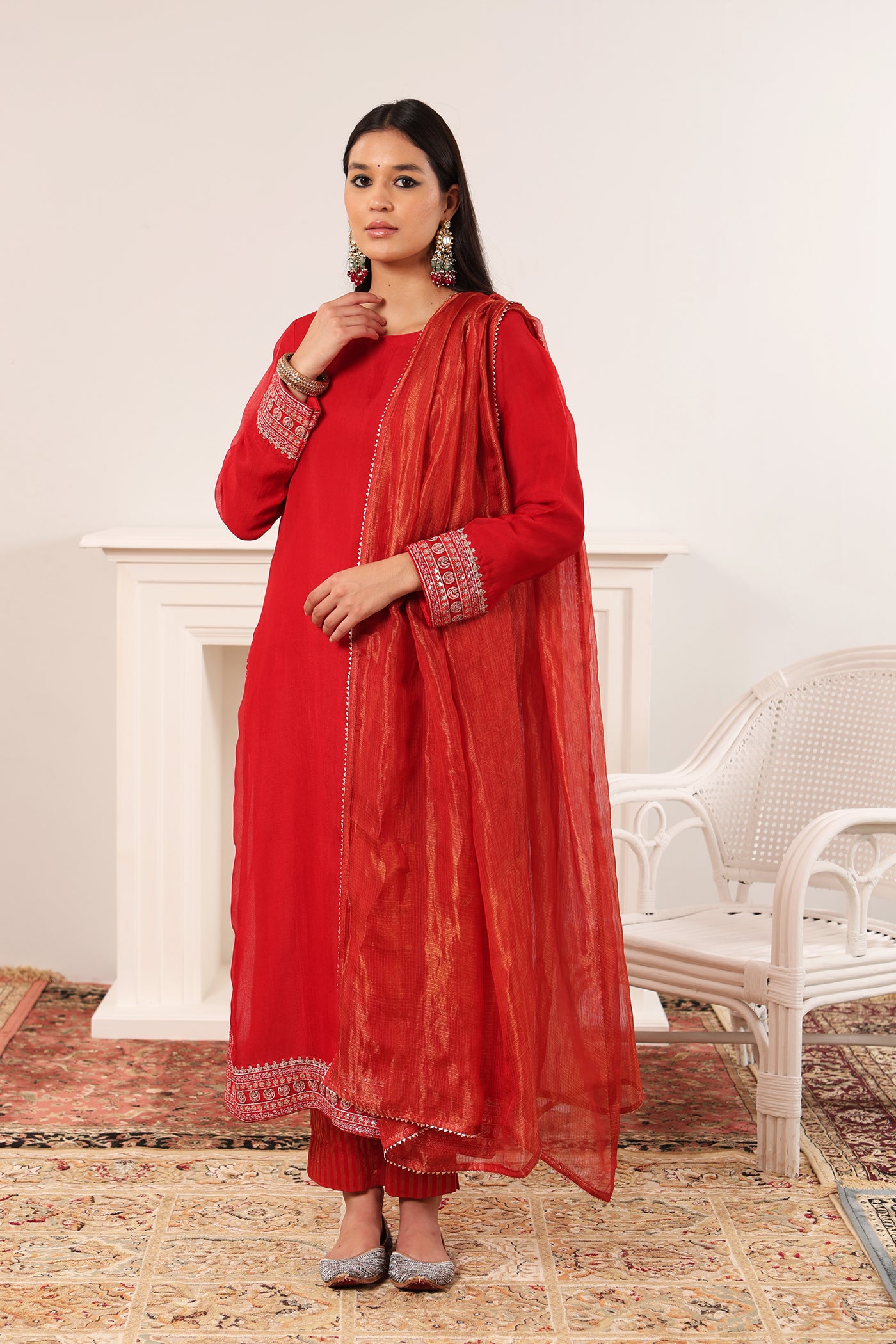 Red Embroidered Pure Silk-Organza Kurta-Pants Set