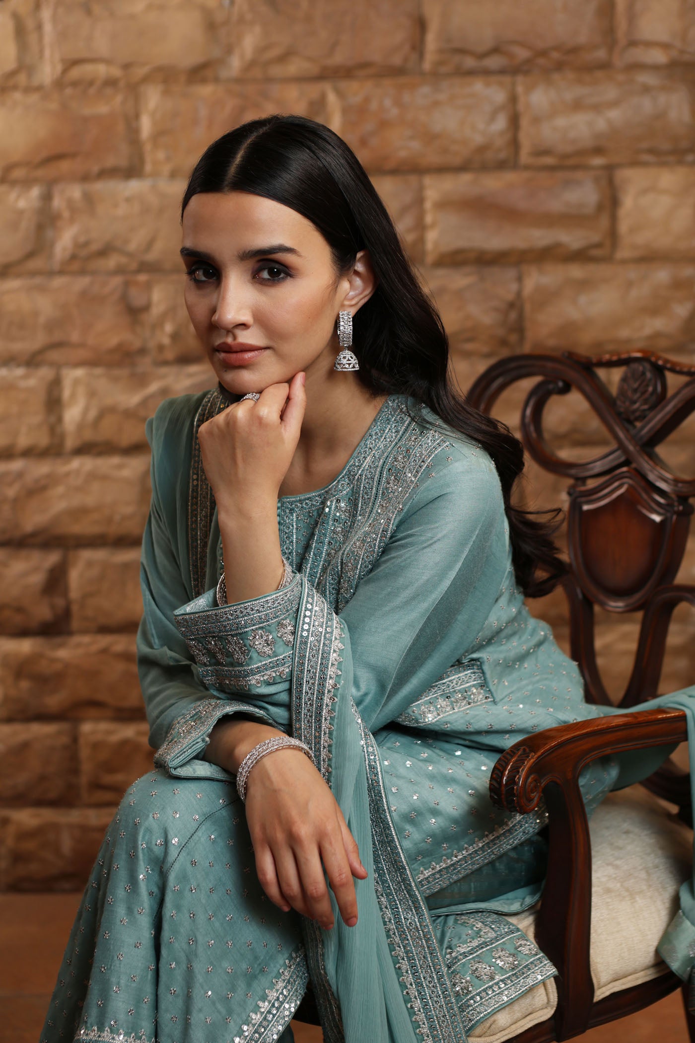 Aqua-Sea Hand-Embroidered Pure Muga-Silk Kurta-Pants Set