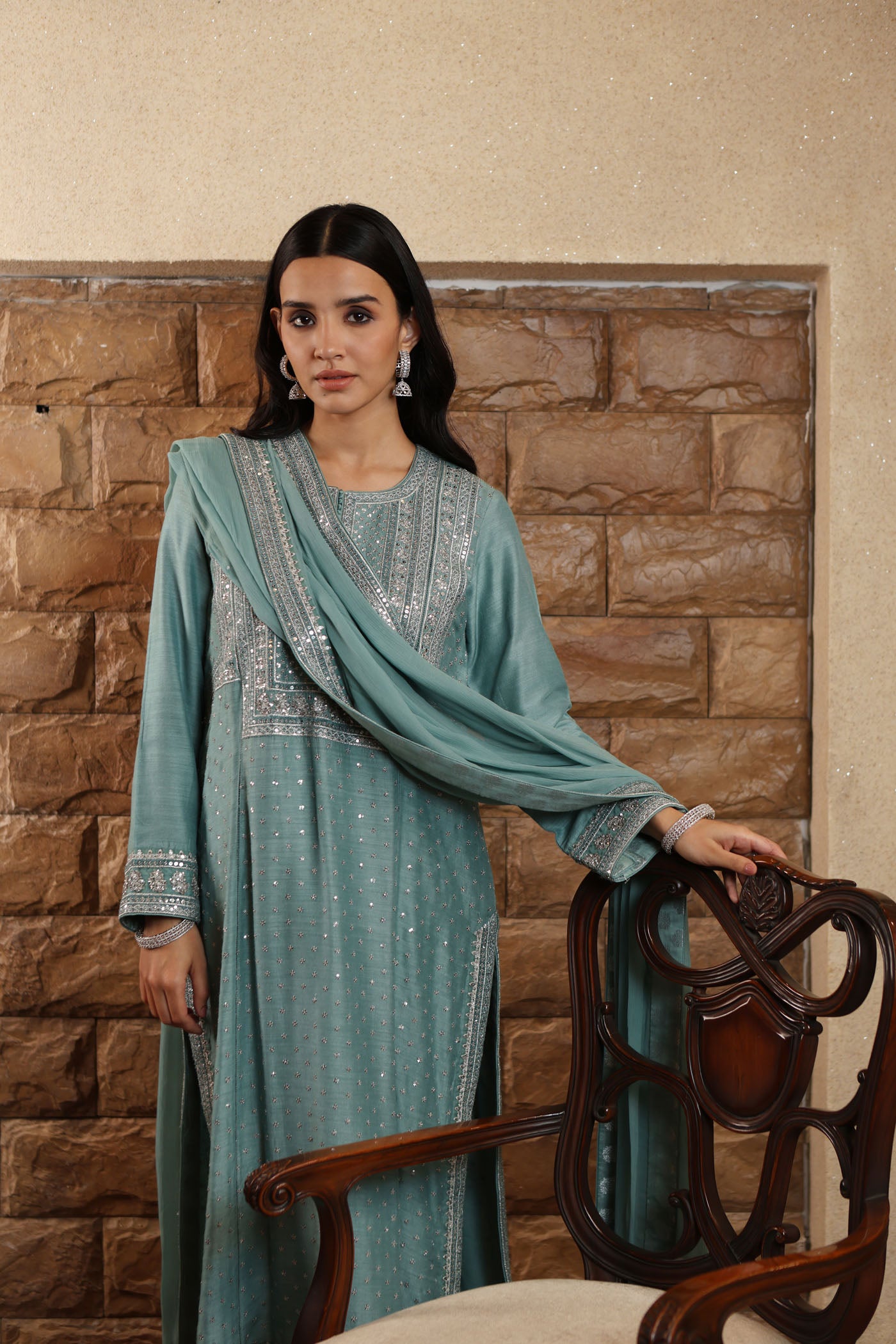 Aqua-Sea Hand-Embroidered Pure Muga-Silk Kurta-Pants Set
