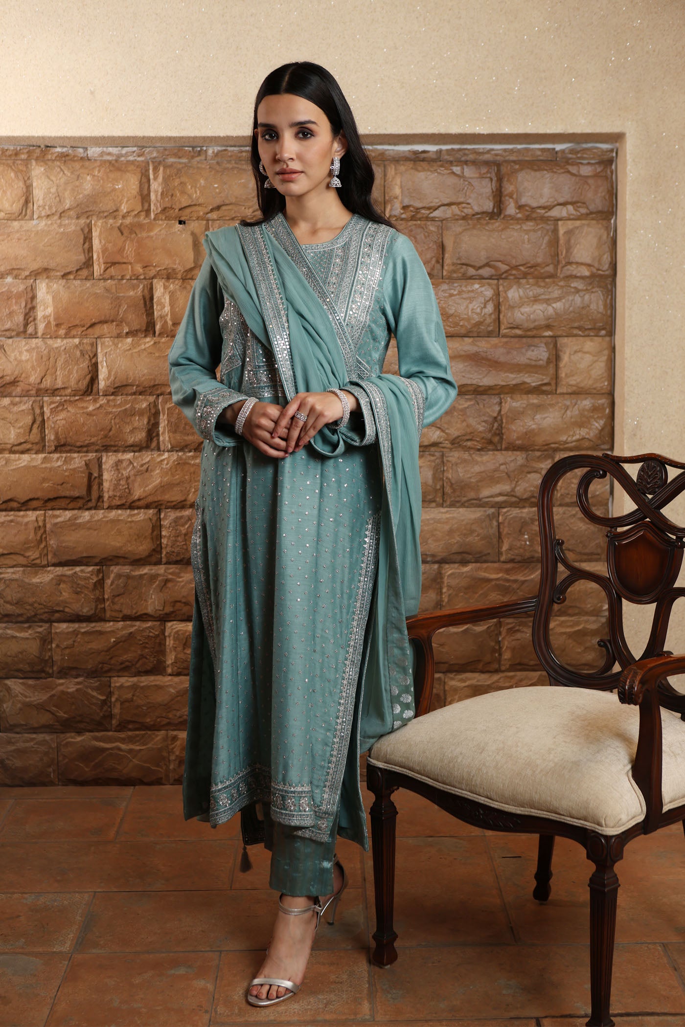 Aqua-Sea Hand-Embroidered Pure Muga-Silk Kurta-Pants Set