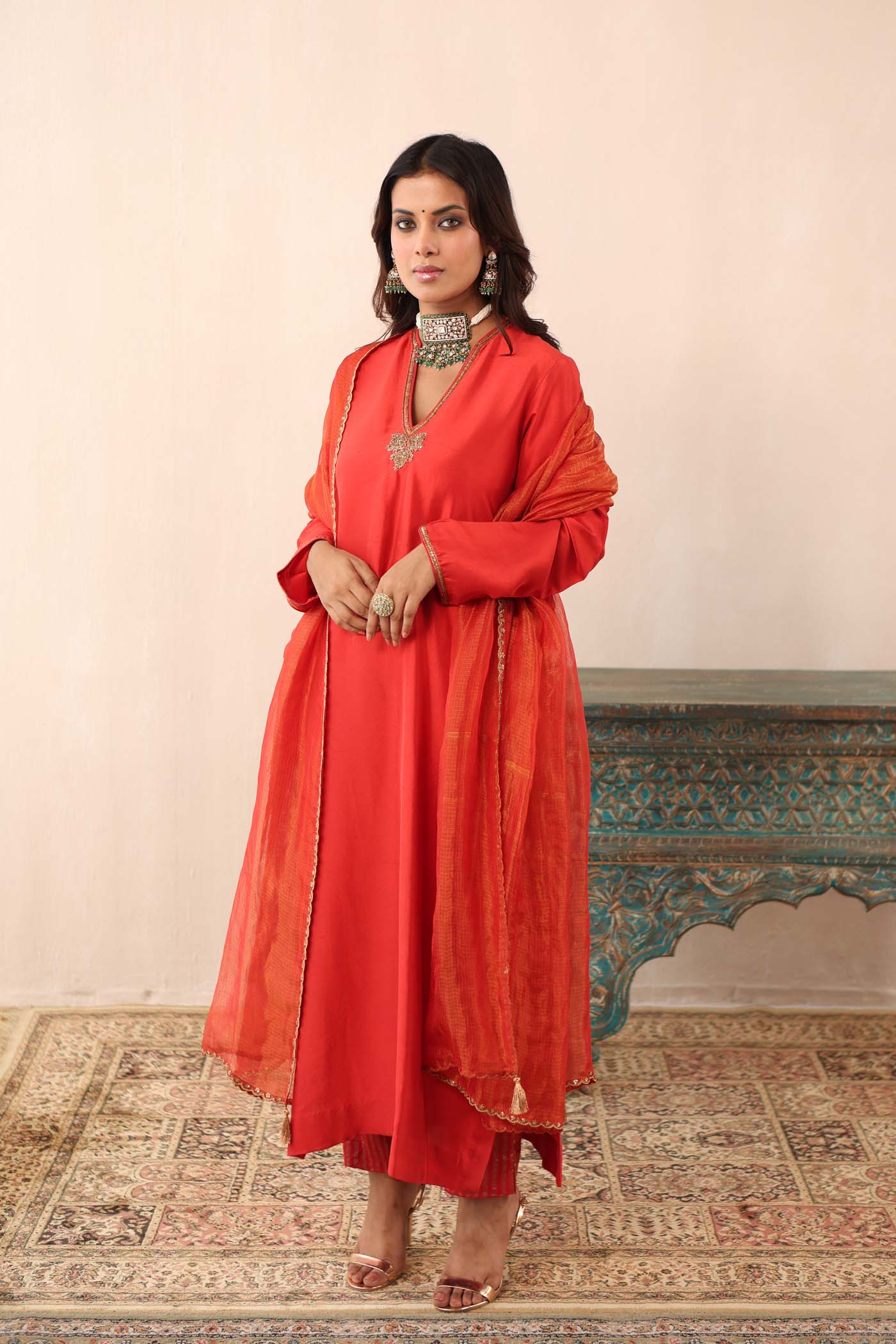 Tomato-Red Hand-Embroidered Pure Silk-Kurta-Pants Set