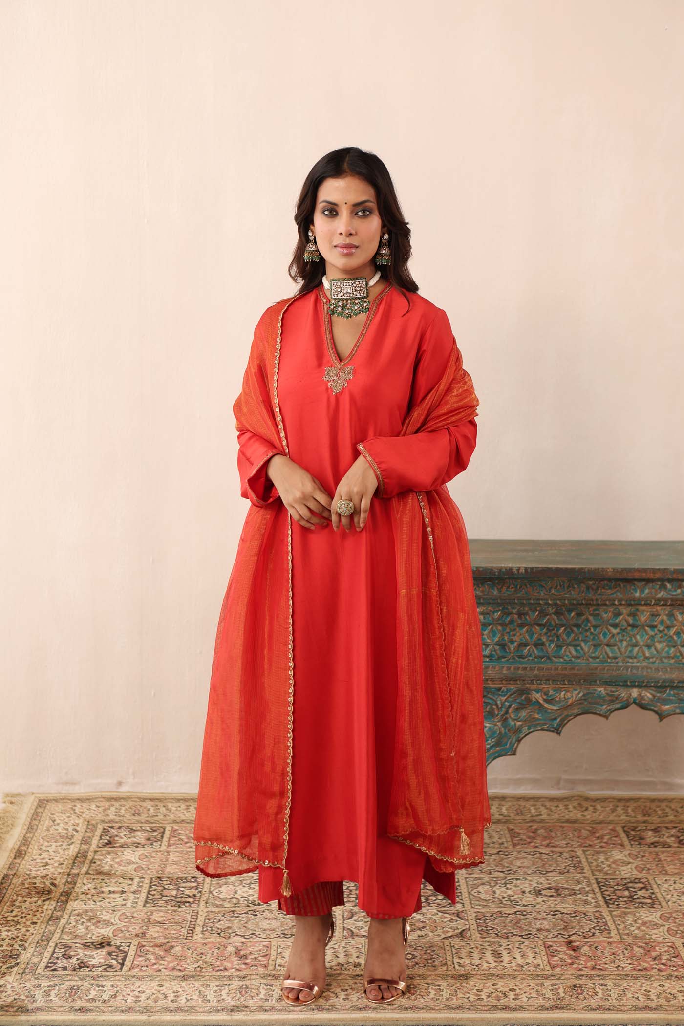 Tomato-Red Hand-Embroidered Pure Silk-Kurta-Pants Set
