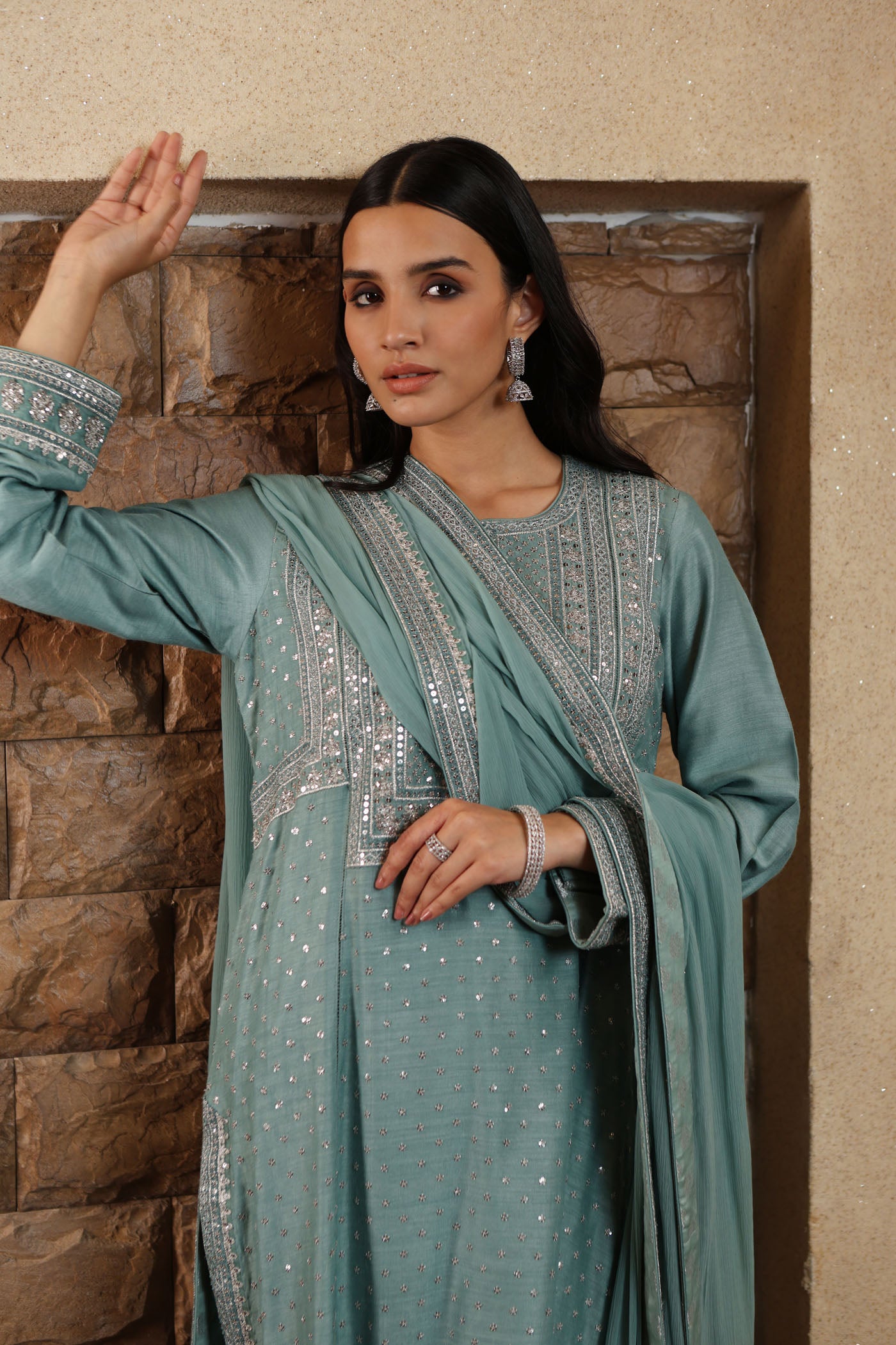 Aqua-Sea Hand-Embroidered Pure Muga-Silk Kurta-Pants Set
