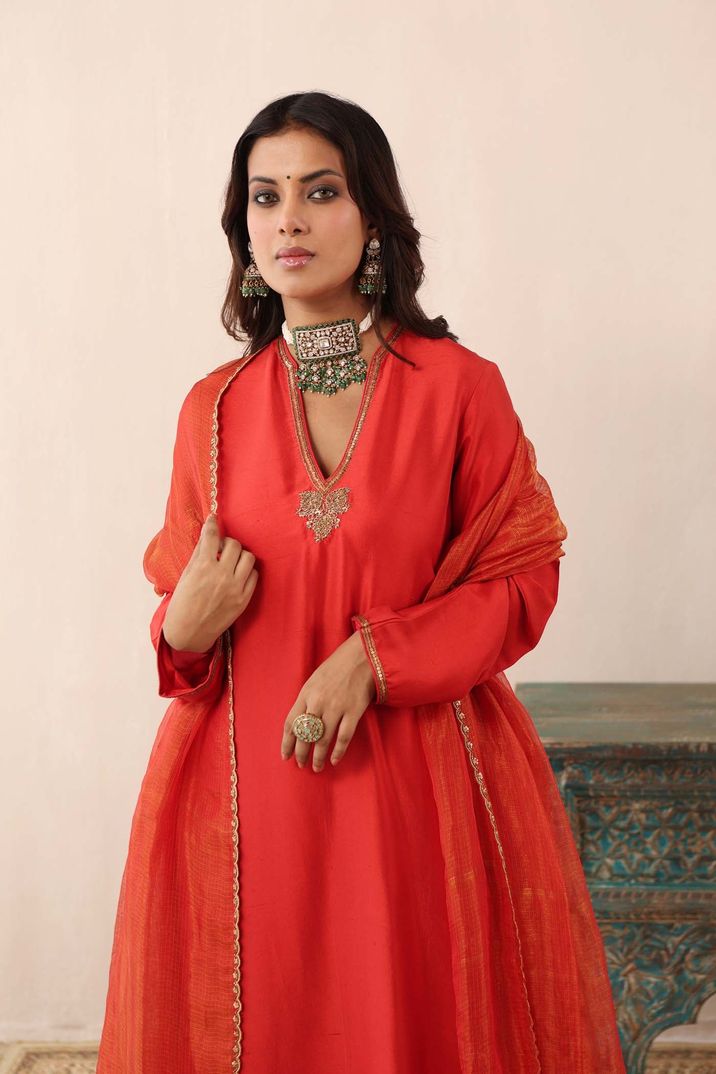 Tomato-Red Hand-Embroidered Pure Silk-Kurta-Pants Set