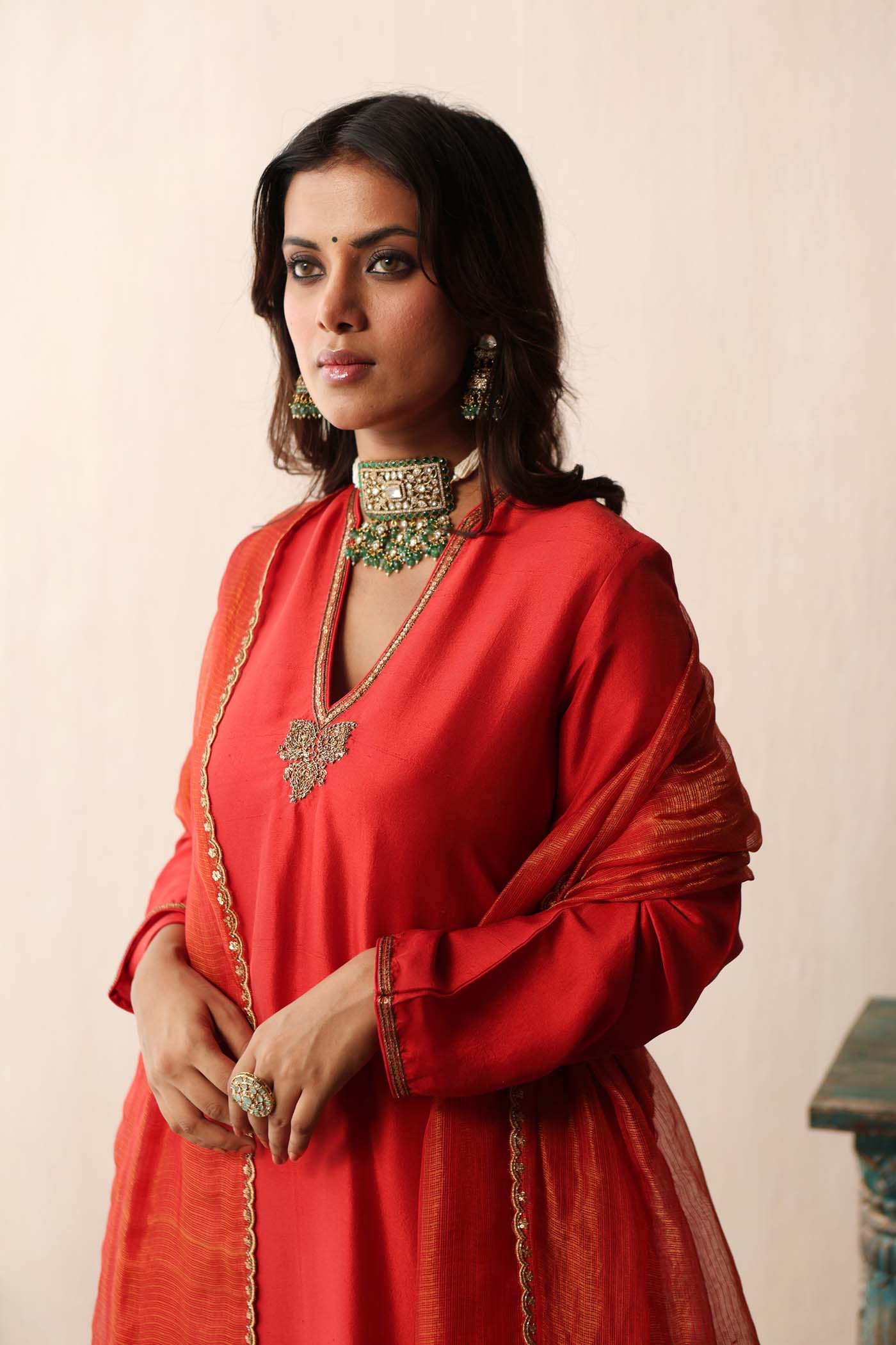 Tomato-Red Hand-Embroidered Pure Silk-Kurta-Pants Set