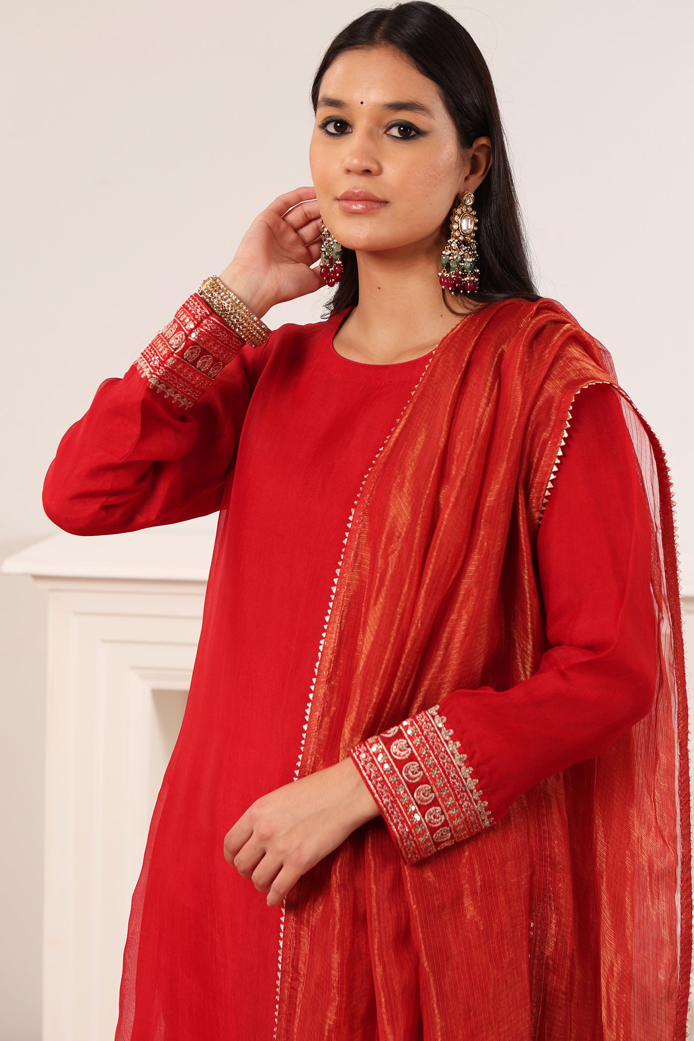 Red Embroidered Pure Silk-Organza Kurta-Pants Set