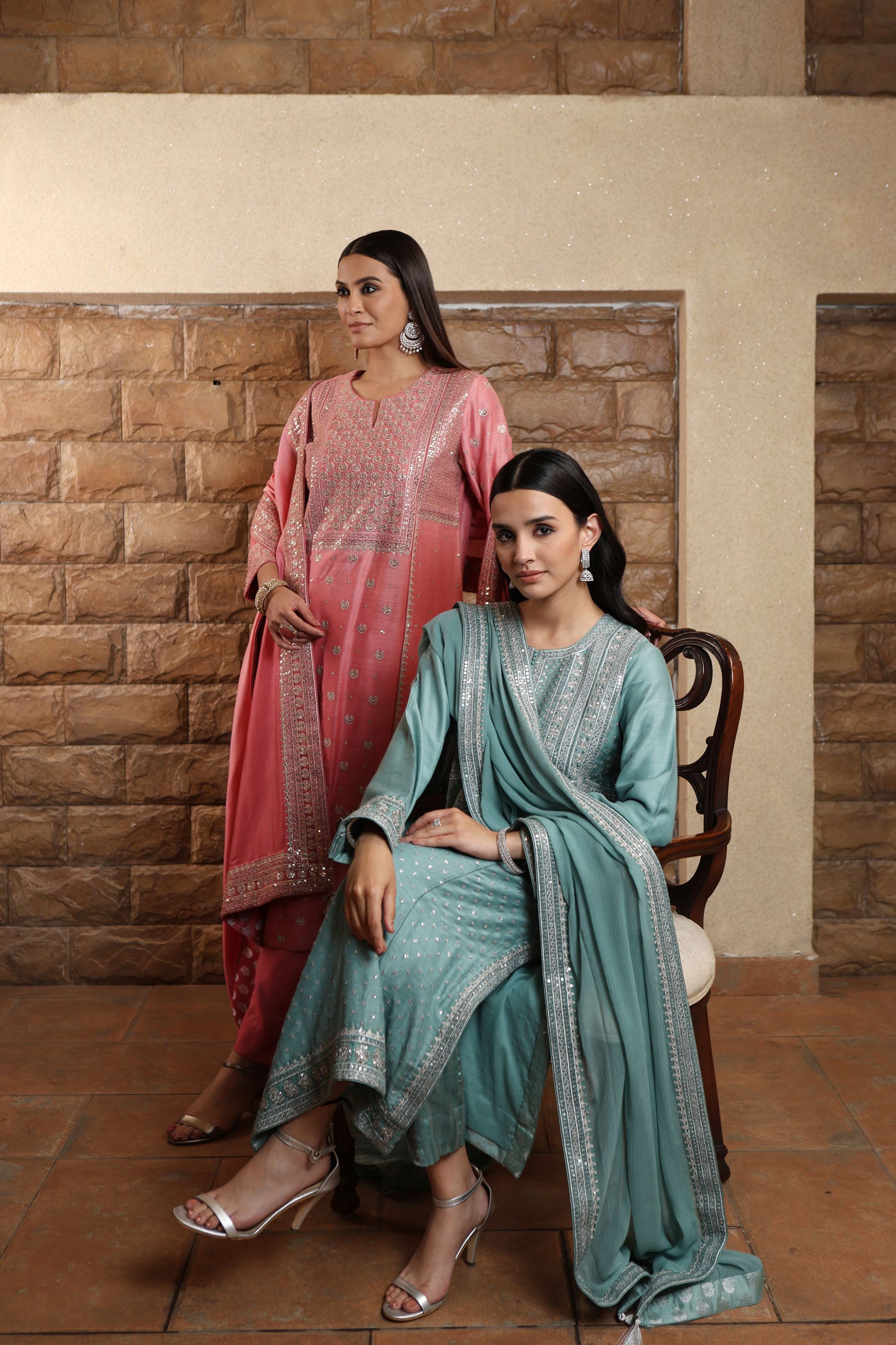 Aqua-Sea Hand-Embroidered Pure Muga-Silk Kurta-Pants Set
