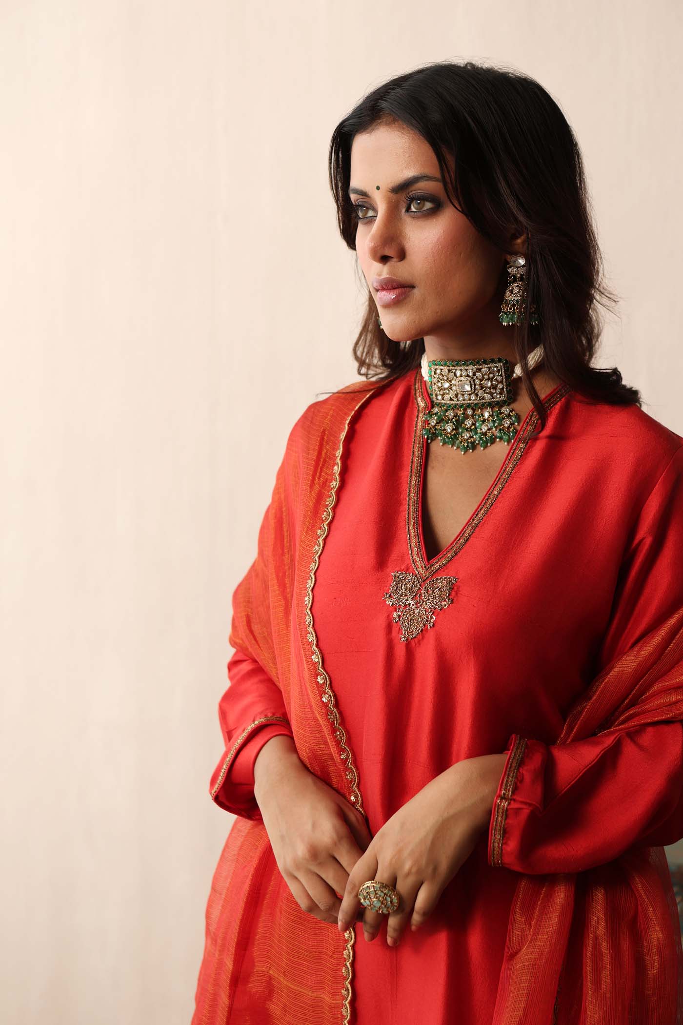 Tomato-Red Hand-Embroidered Pure Silk-Kurta-Pants Set