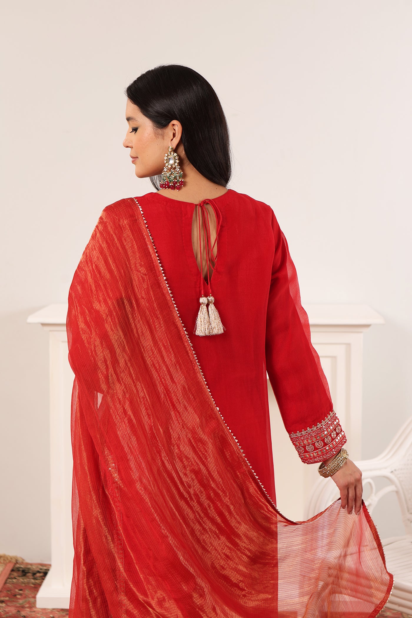 Red Embroidered Pure Silk-Organza Kurta-Pants Set