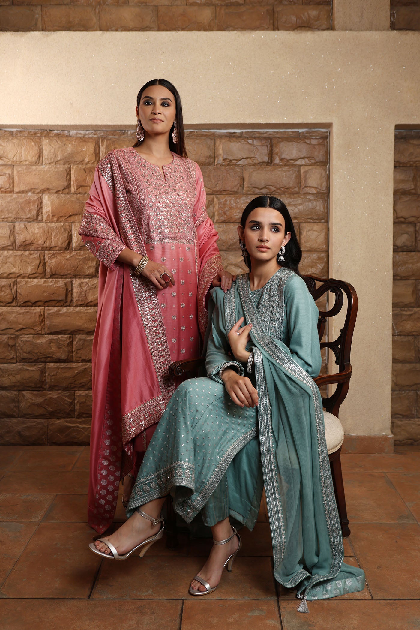Old-Rose Ombre Chaand-Buta Embroidered Pure Muga-Silk Kurta-Pants Set